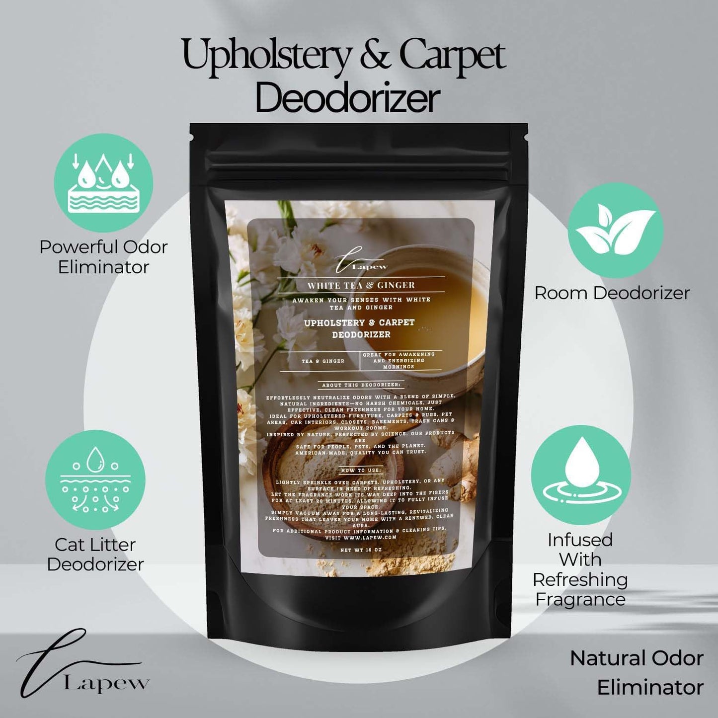 White Tea & Ginger Carpet Freshener Powder: Powerful Odor Eliminator for Home, Upholstery