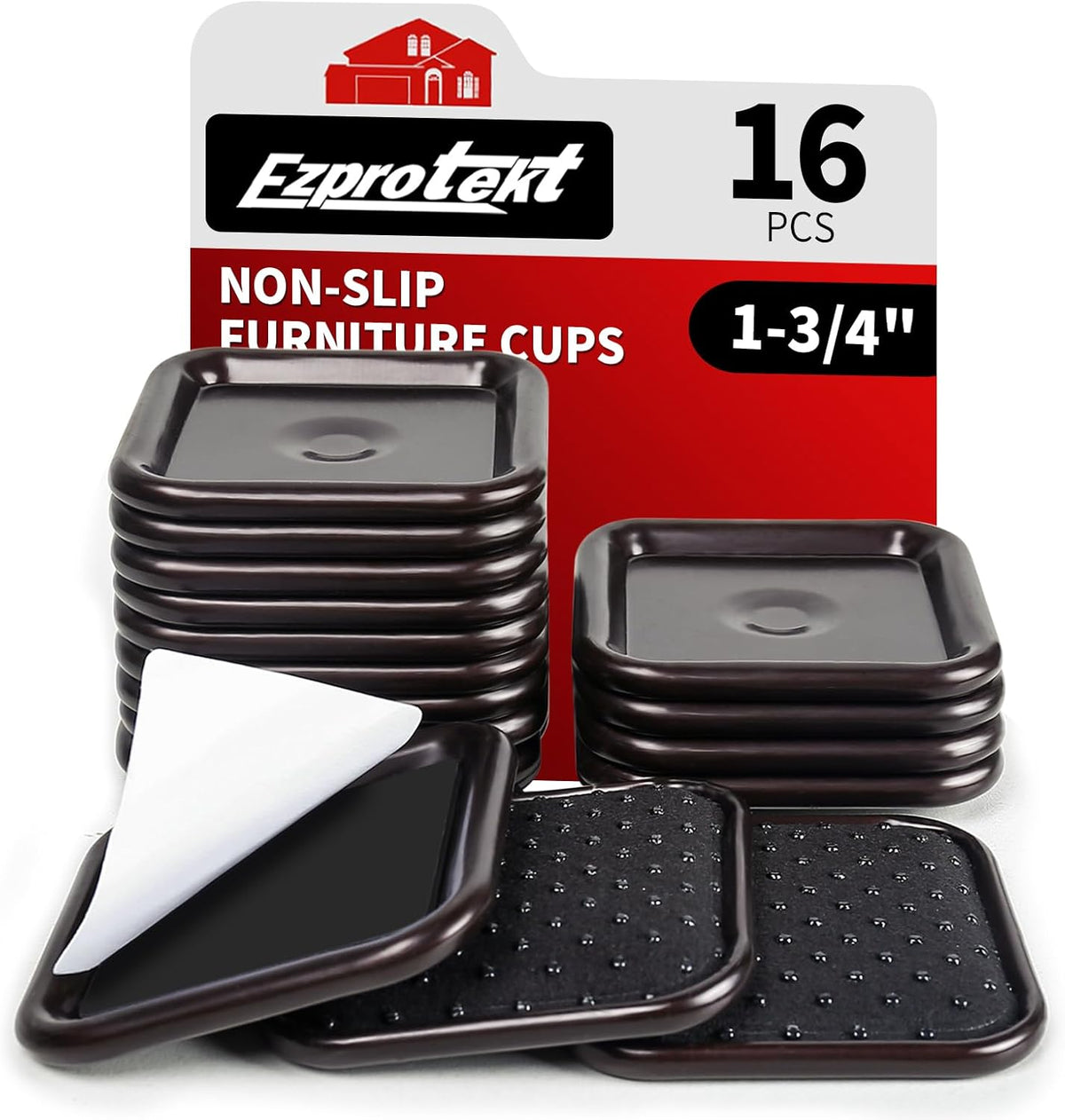 Ezprotekt 1 3/4" Square Non Slip Furniture Pads with Drip Glue Non-Woven Fabric Bottom, 16 Pcs Anti