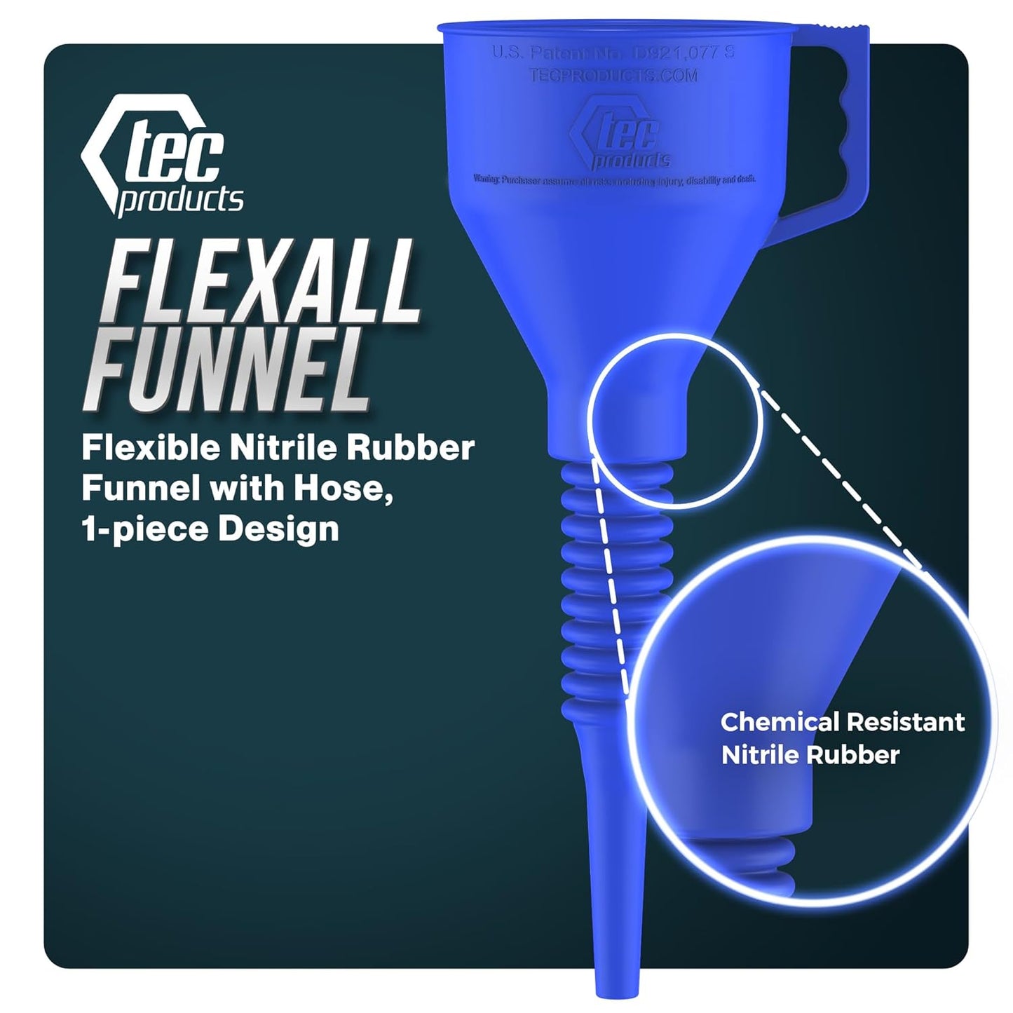 TEC Products FlexAll Long Flexible Funnel for Automotive Use - Durable Nitrile Rubber - Ideal for