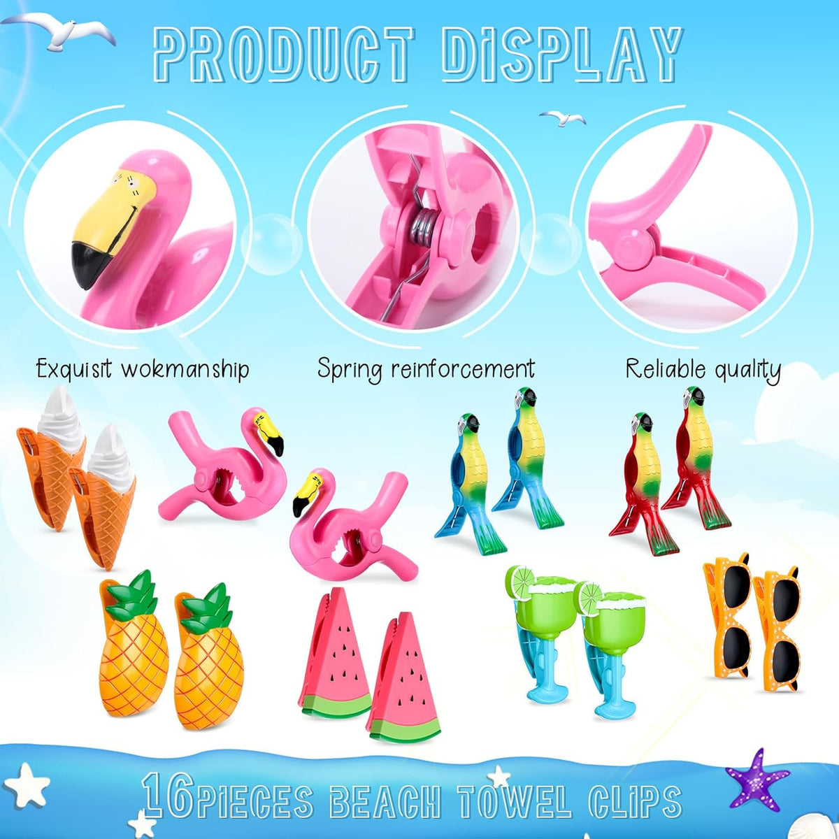 Rtteri 16 Pcs Beach Towel Clips for Beach Chairs Cute Towel Holder Cruise Clothes Pins for Lounge