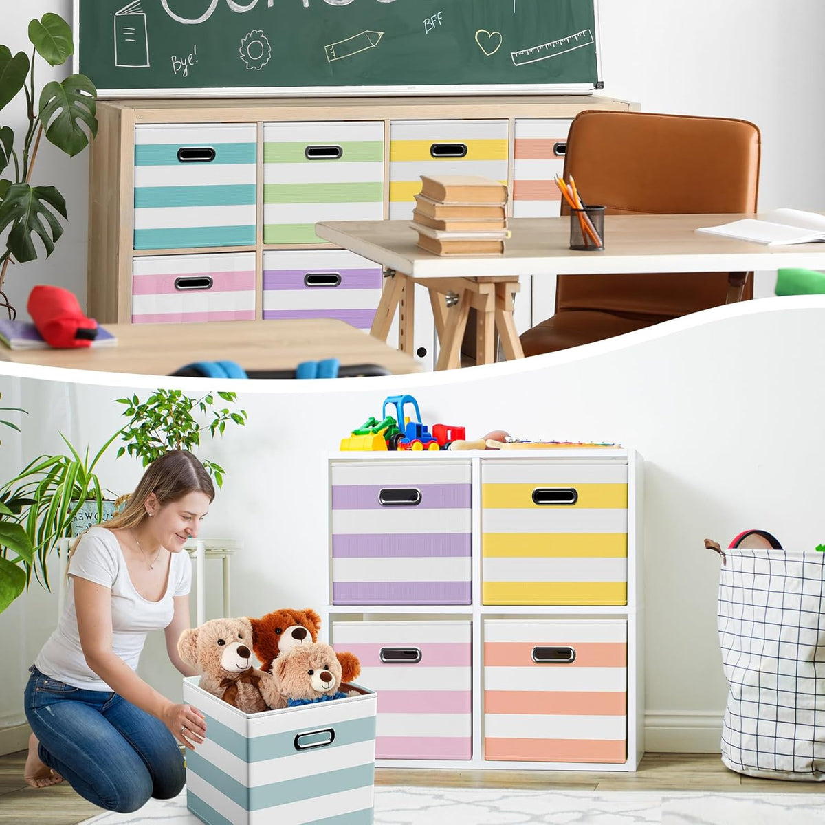 6 Pcs Fabric Storage Cubes Bins with Metal Handle Christmas Storage Bin 11 Inch Macaron Colored