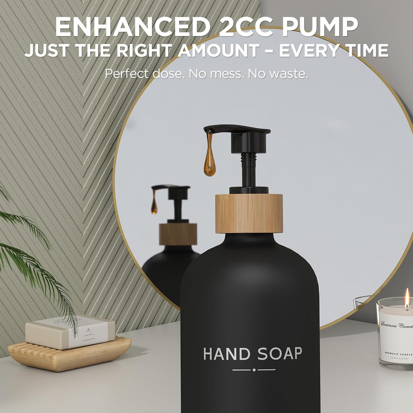 Hand and Dish Soap Dispenser Set,16oz Glass Bottles with Printed Labels, Bamboo Tray &