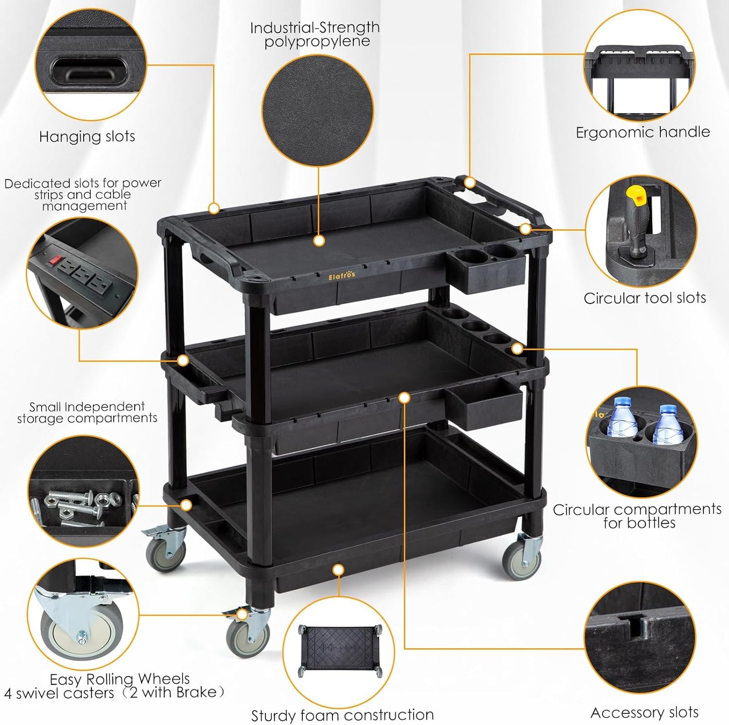 ELAFROS Multi-Use Utility Cart - 32.4x18.3 Heavy-Duty Service Cart with 3 Deep Shelves