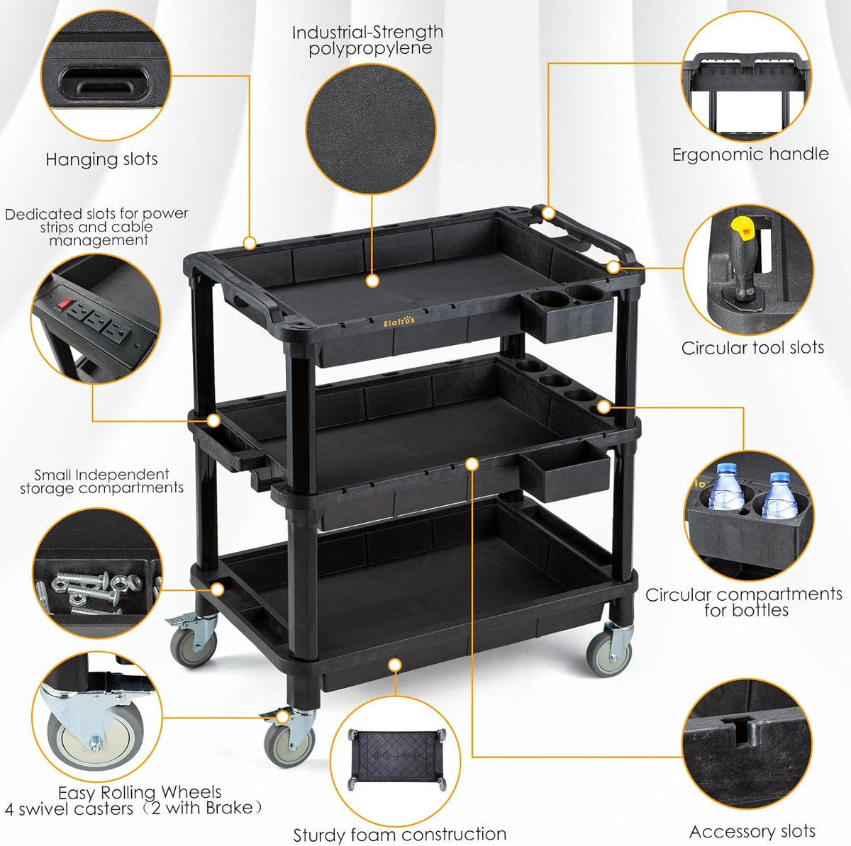 ELAFROS Multi-Use Utility Cart - 32.4x18.3 Heavy-Duty Service Cart with 3 Deep Shelves