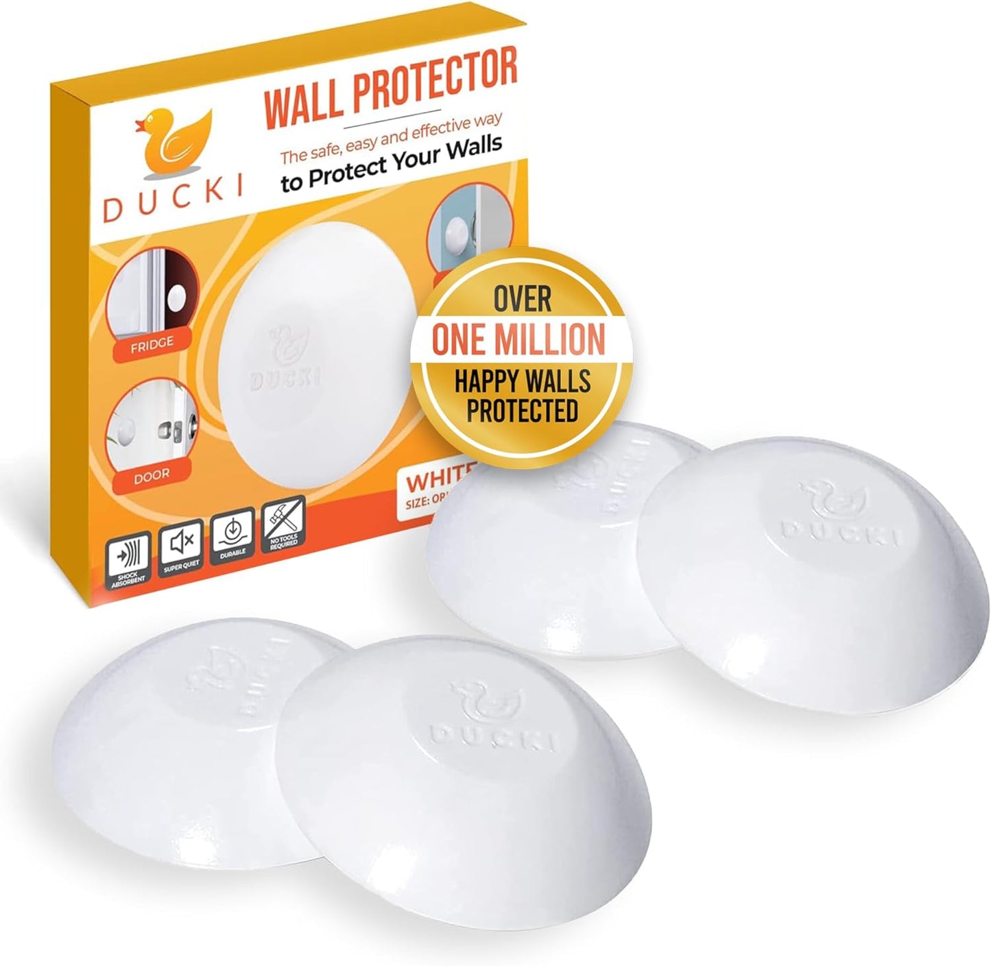 Ducki Wall Protectors -4 Pack White- Self Adhesive, Reusable Solution for Stopping Wall Damage &