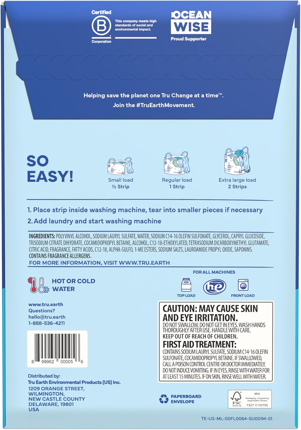 Tru Earth Compact Dry Laundry Detergent - Up to 128 Loads (64 Sheets) - Paraben-Free - Original