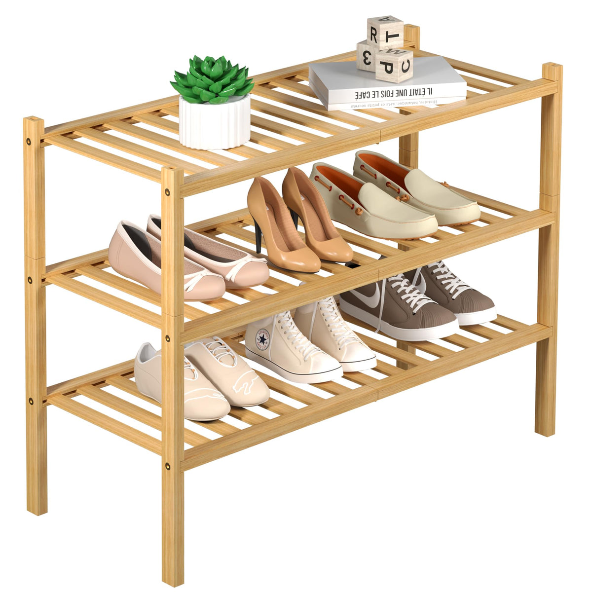 ROMGUAR CRAFT 3 Tier Bamboo Shoe Rack for Closet Free Standing Wood Shoe Shelf Storage Organizer