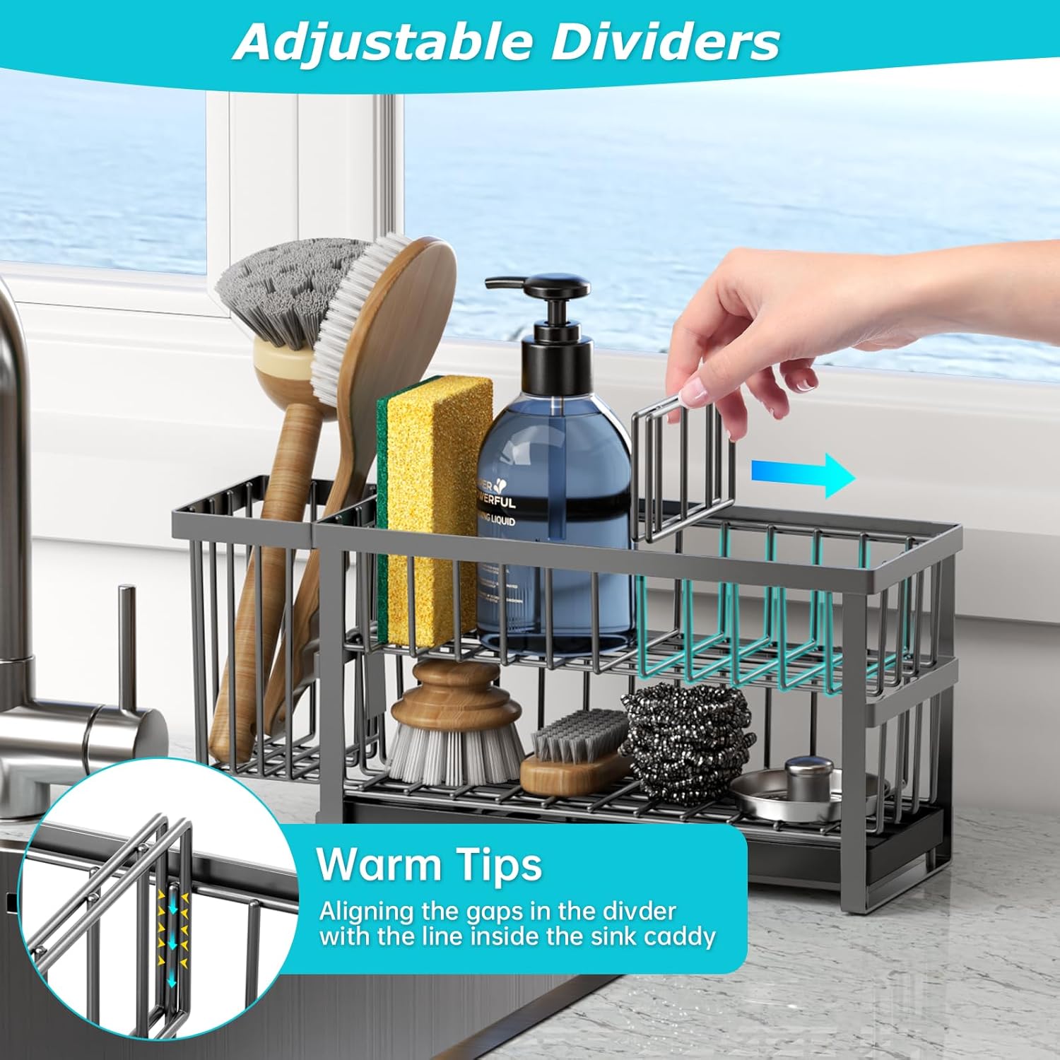 Sponge Holder for Kitchen Sink, 2 Tier Sink Caddy Organizer Countertop with Dish Brush Holder and