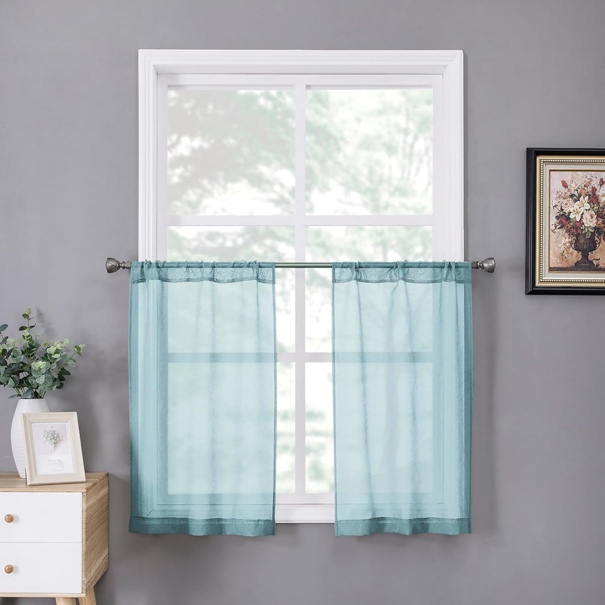 Tollpiz Short Sheer Tier Curtains Linen Textured Half Kitchen Curtain Sheers Light Filtering Rod