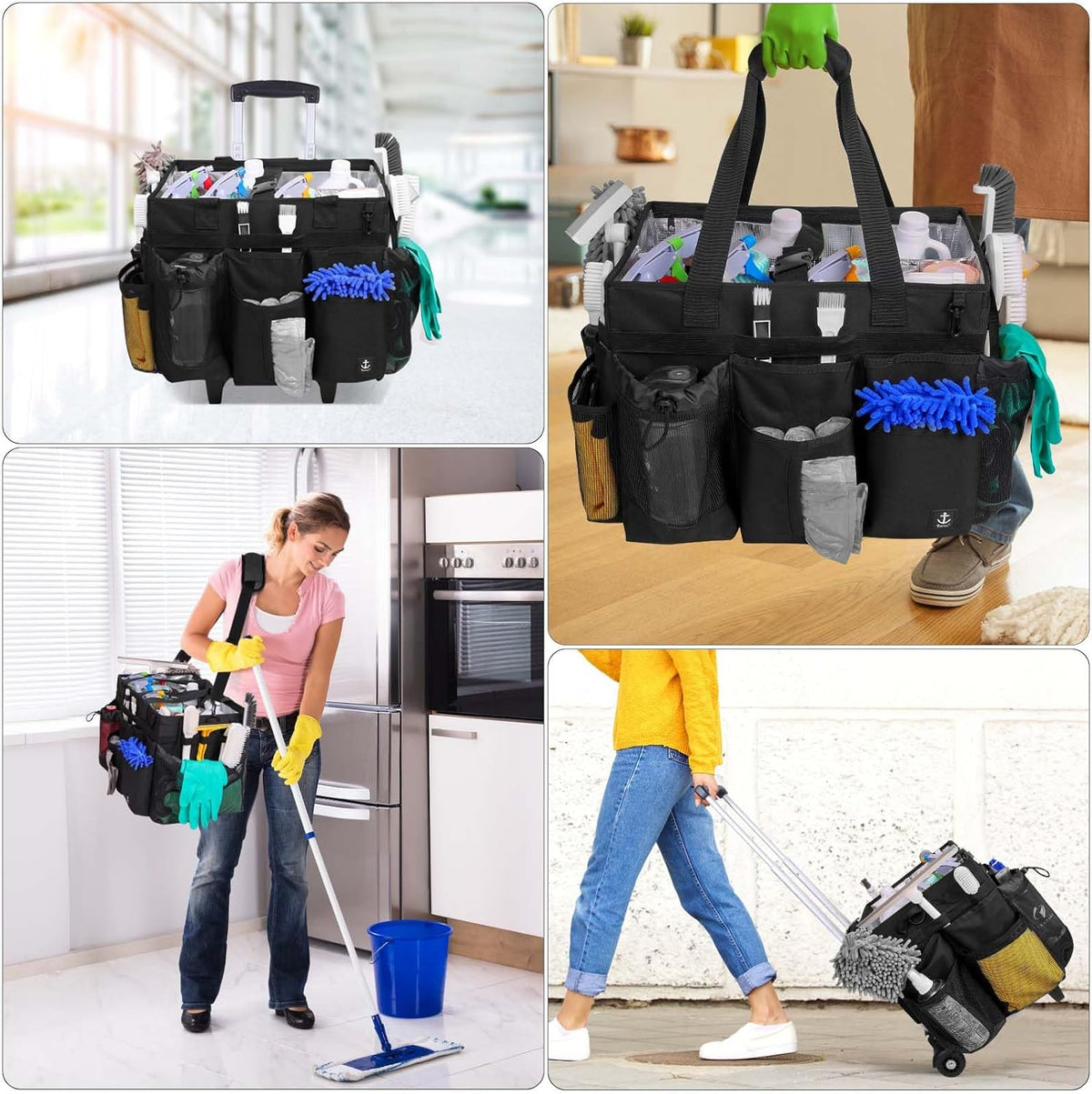 Extra Large Rolling Cleaning Caddy Bag with Detachable, Foldable Trolley Portable Cleaning Cart for
