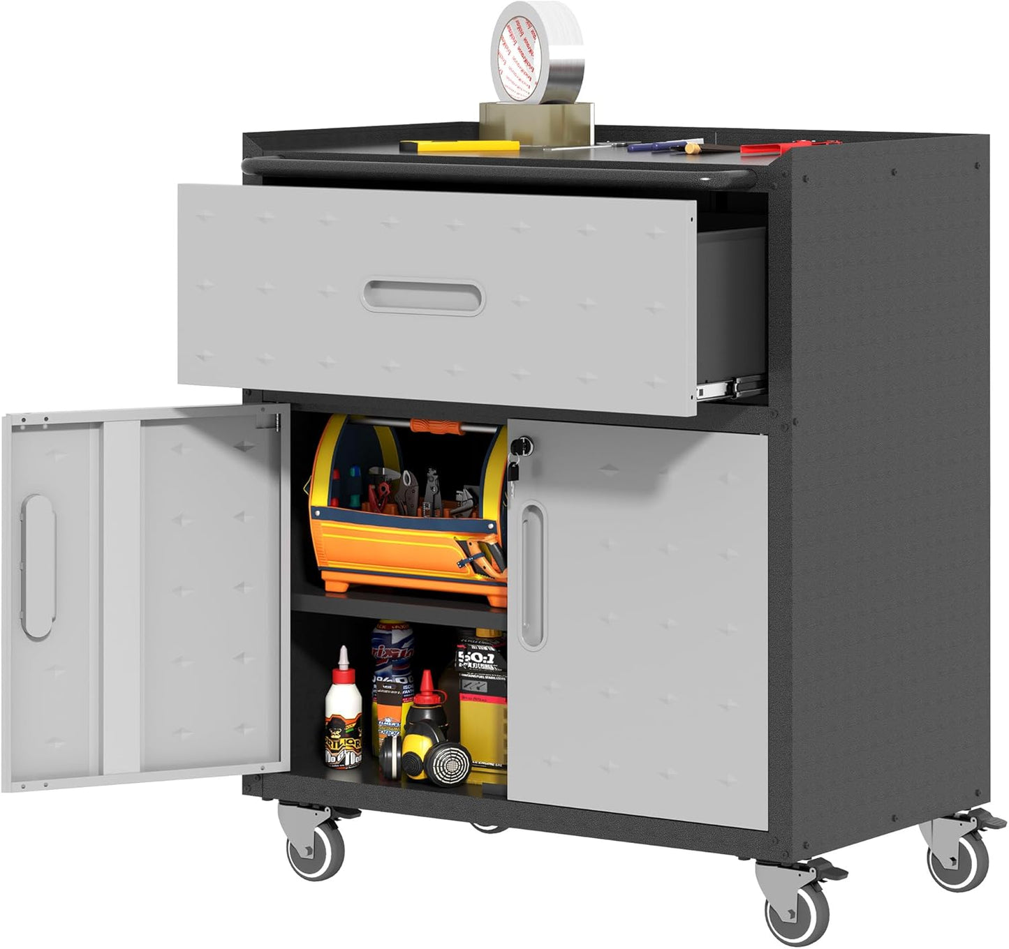 Metal Storage Cabinet with Wheels, Rolling Tool Cabinet with Adjustable Shelve, Locking Garage