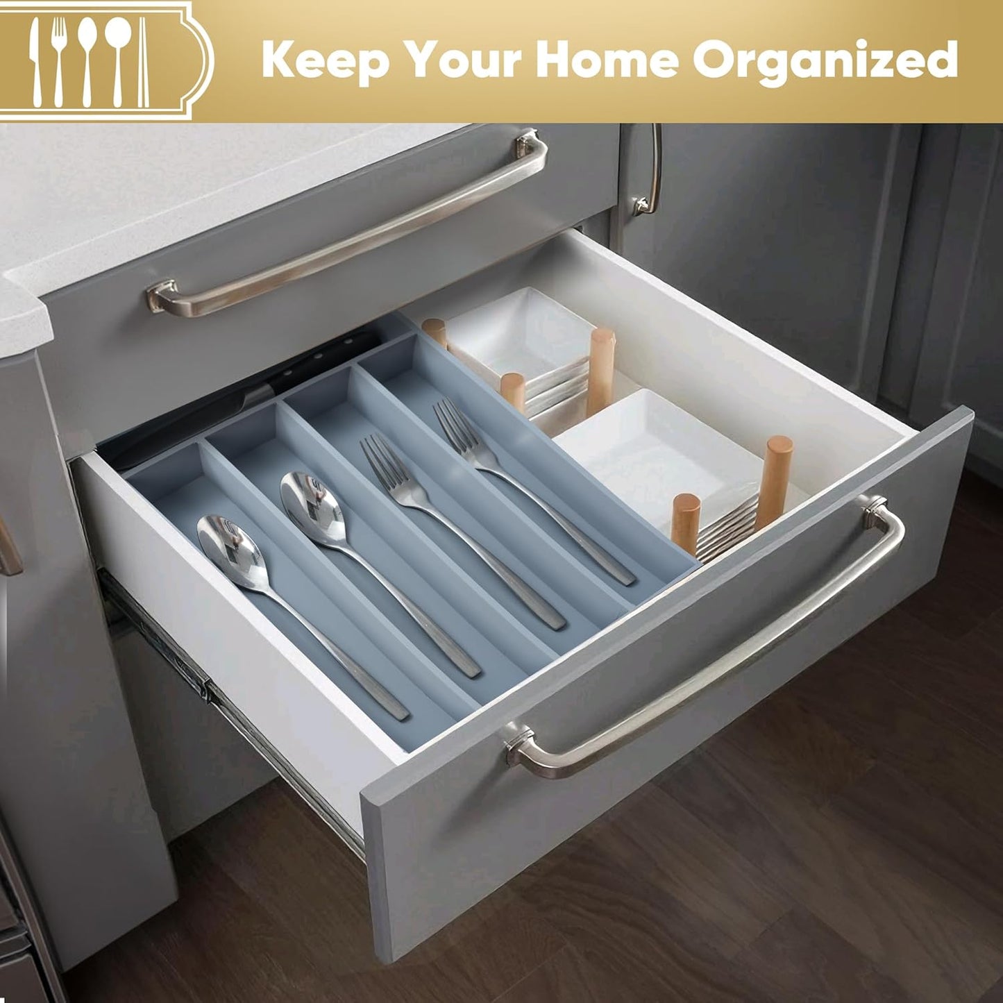 Silverware Organizer, 10 Inch Utensil Organizer Kitchen Drawer Organizer Bamboo Silverware Holder