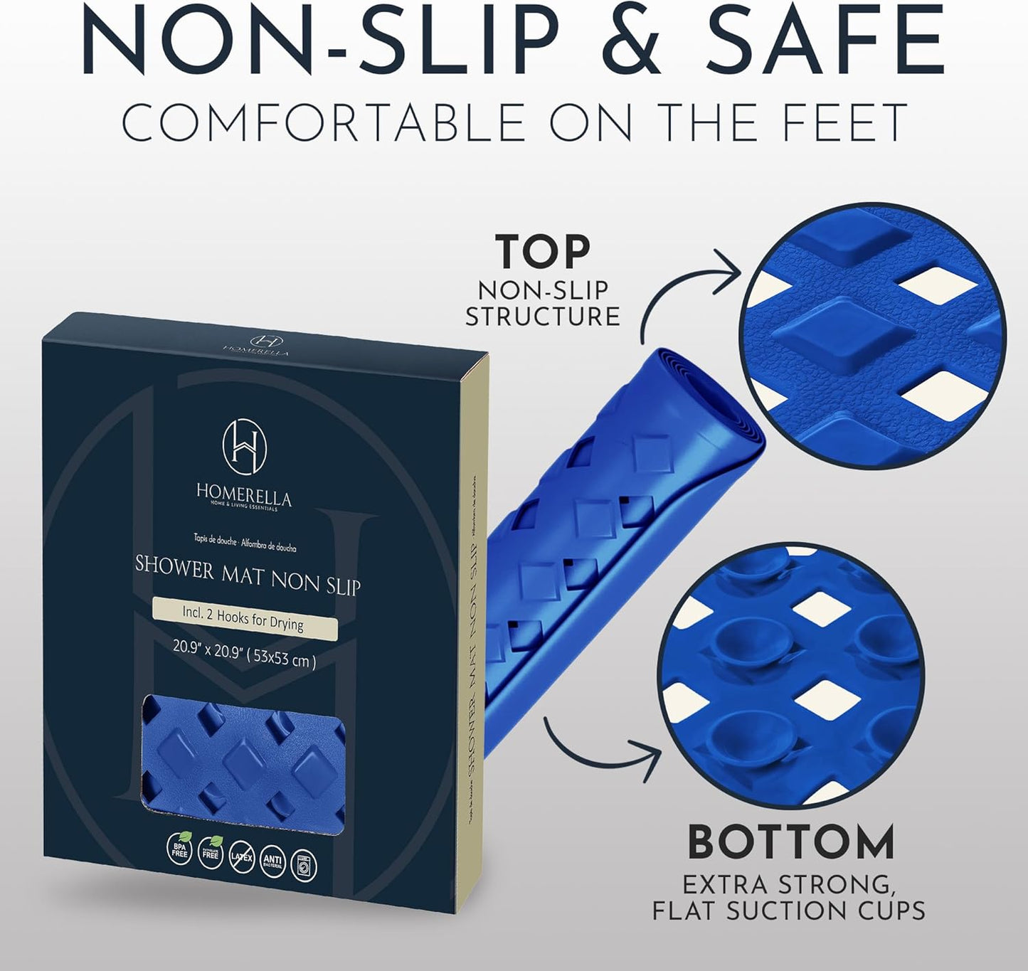Homerella Anti Slip Shower Mat | Anti Mold Non Slip Bathtub Mat for Inside Shower | Square Floor