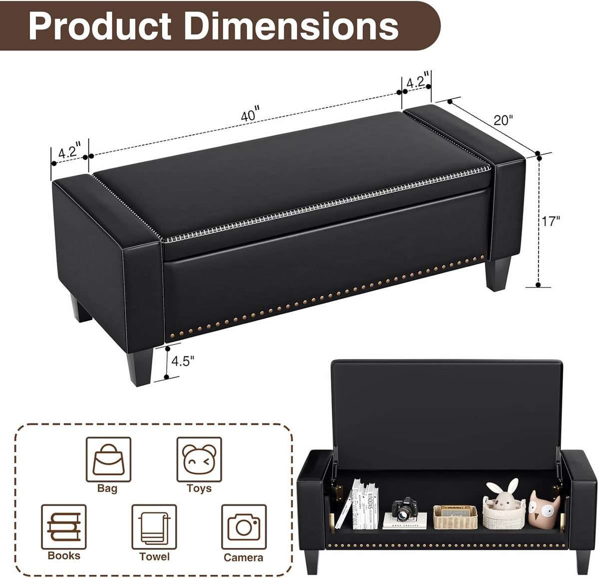 48.8" Storage Ottoman Bench Black | Faux Leather Bedroom Bench with Lift Top for Living Room & Bed