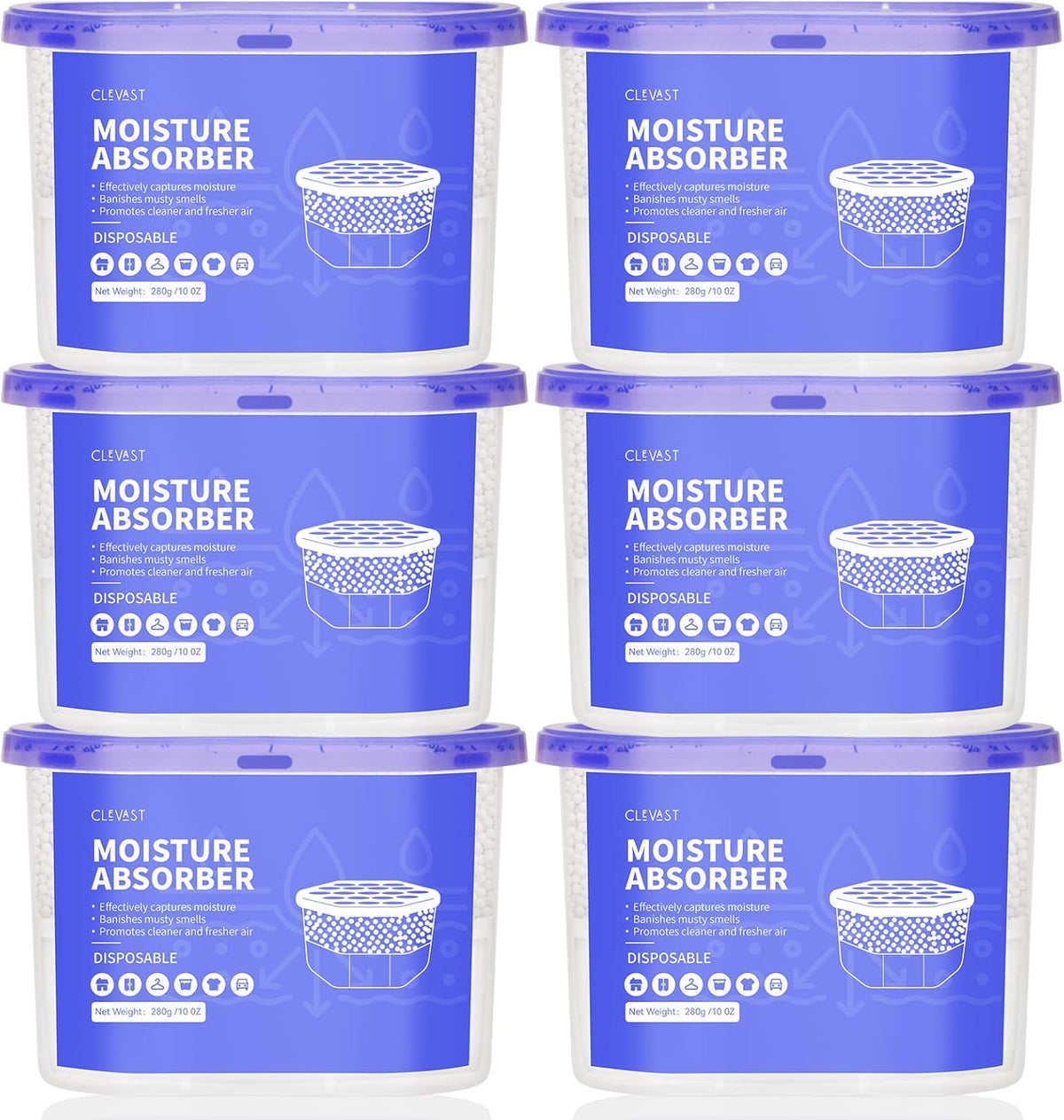 CLEVAST Moisture Absorbers Boxes, 10 OZ, 6 Pack, Dehumidifier Box for Closet, Unscented Hanging