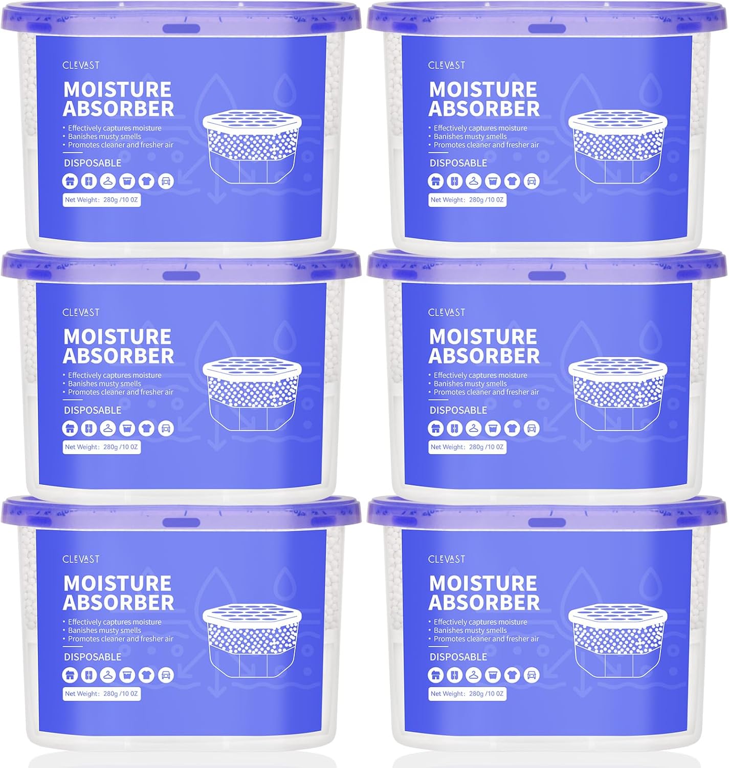CLEVAST Moisture Absorbers Boxes, 10 OZ, 6 Pack, Dehumidifier Box for Closet, Unscented Hanging