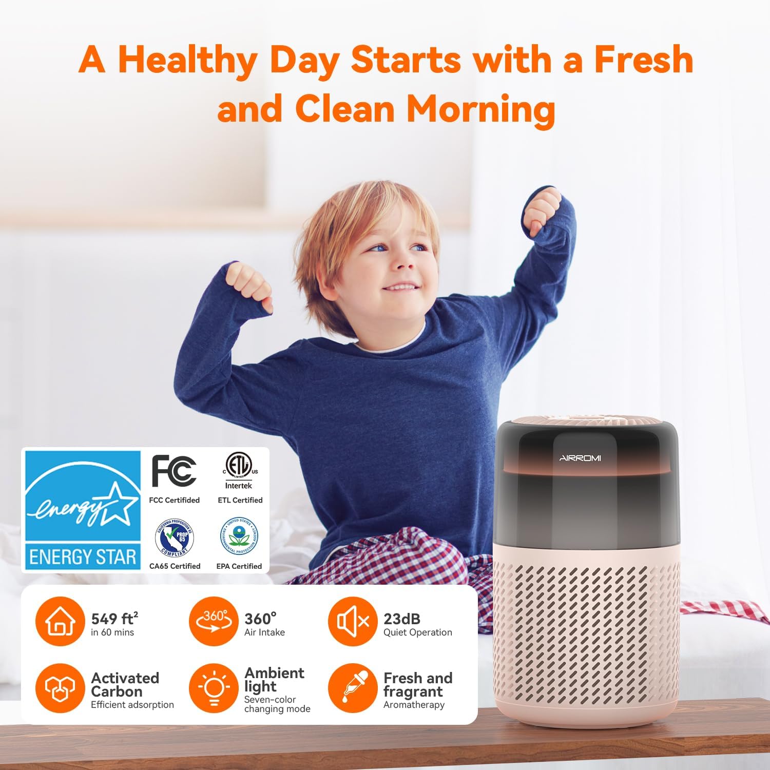 AIRROMI Air Purifier for Bedroom Home,HEPA Filter,Covers Upto 549 Ft²,Quiet 360°intake Air Cleaner