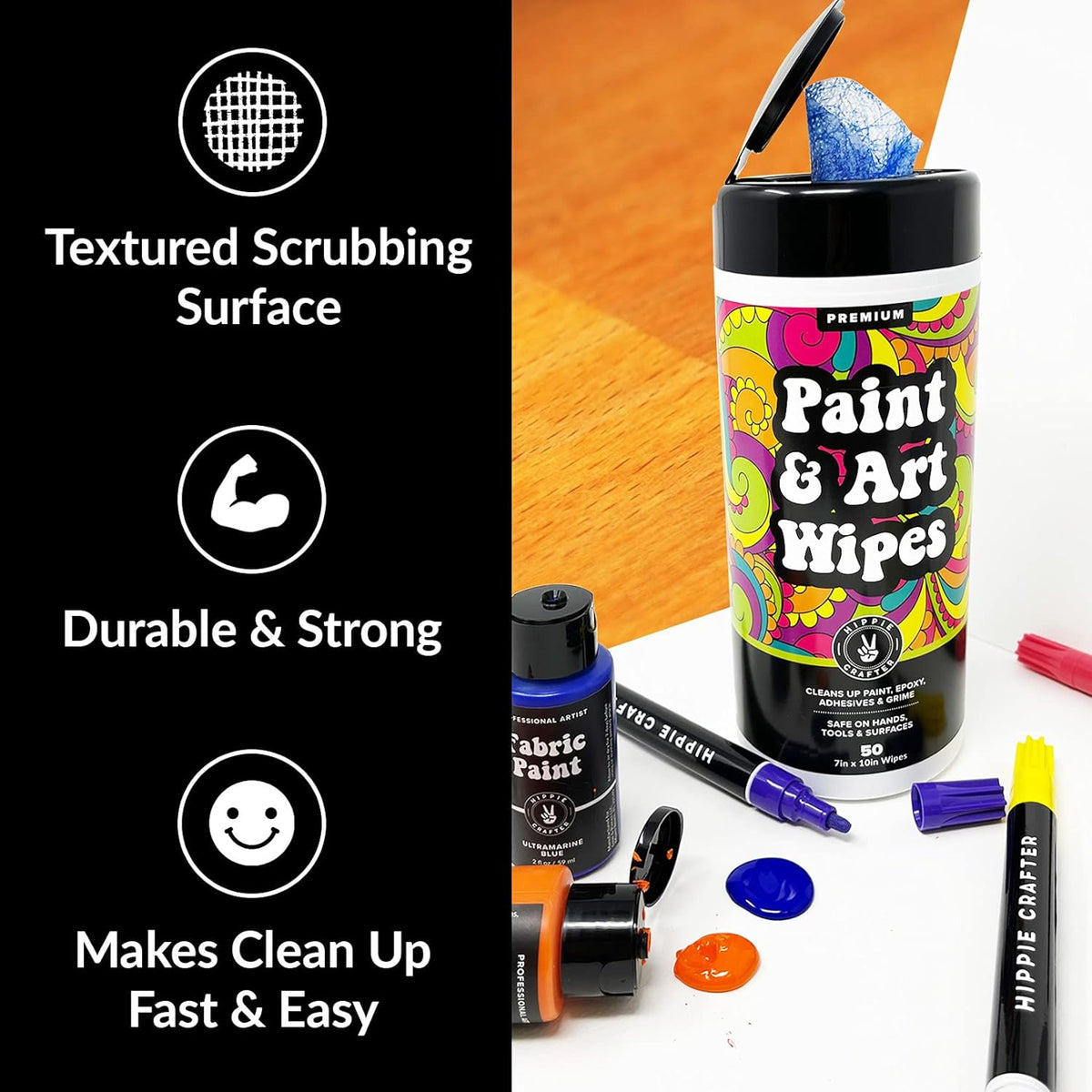 Paint and Art Wipes, Heavy-Duty Cleaner for Paint, Epoxy, Glue, Latex & Acrylic Stains, 1 Pack (50