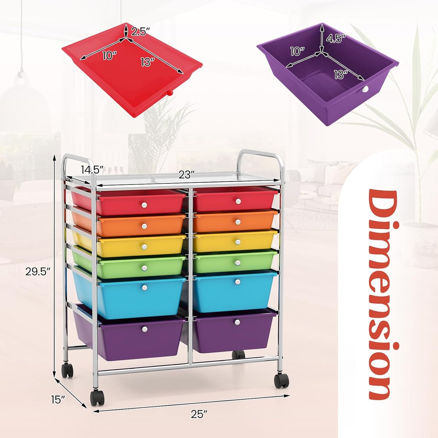 GOFLAME 12-Drawer Rolling Storage Cart, Multipurpose Organizer Cart with 2 Sizes Plastic Drawers