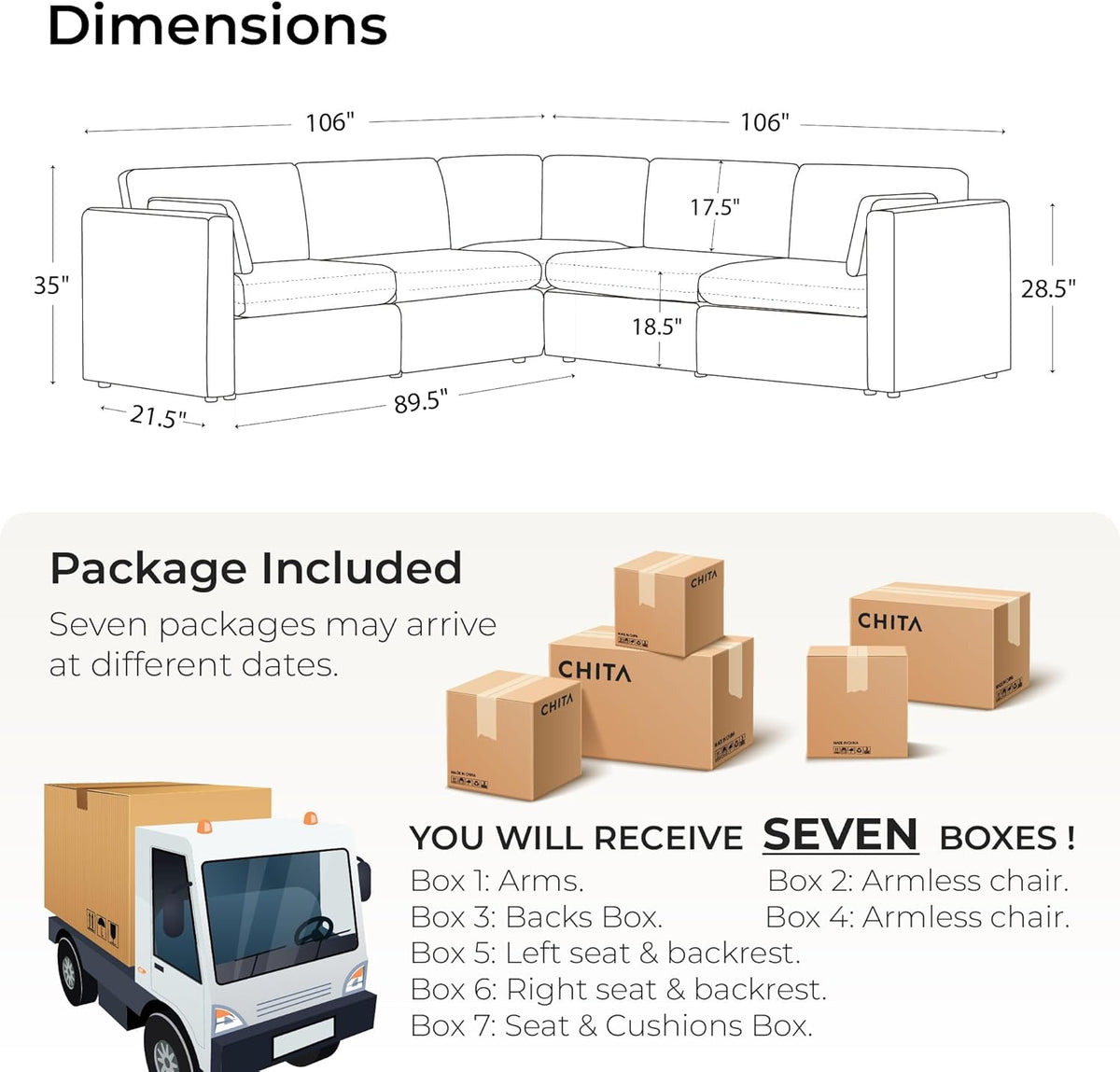 CHITA Oversized Corner Modular Sectional Fabric Sofa Set, FSC Certified Extra Large 5 seat V Shaped