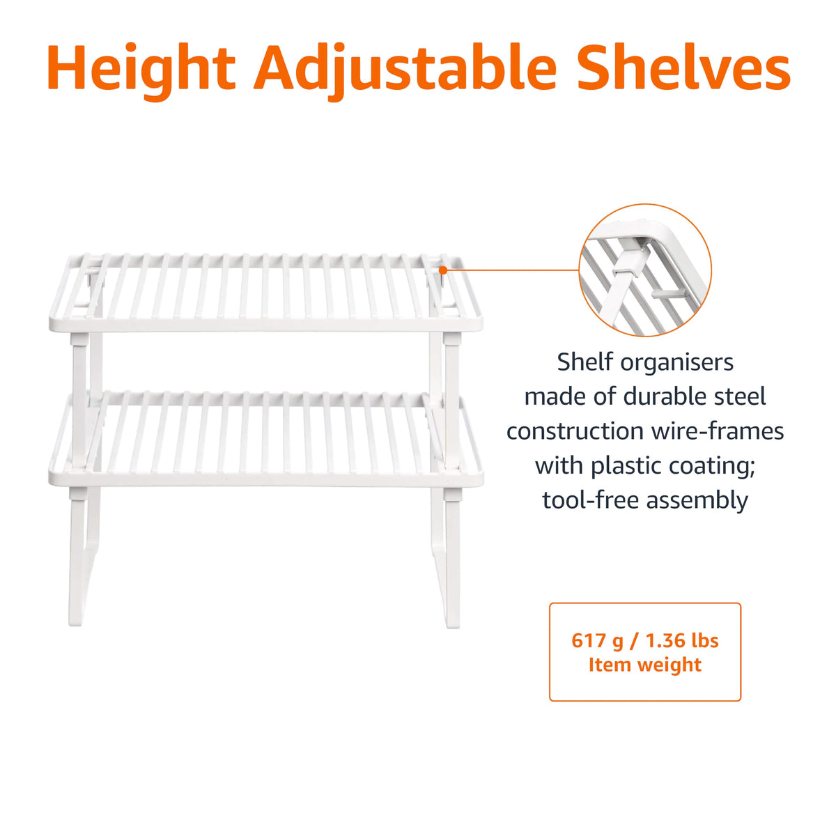 Amazon Basics Space-Saving Stackable Metal Kitchen Cabinet Organizer Shelves for Dishes, Pantry