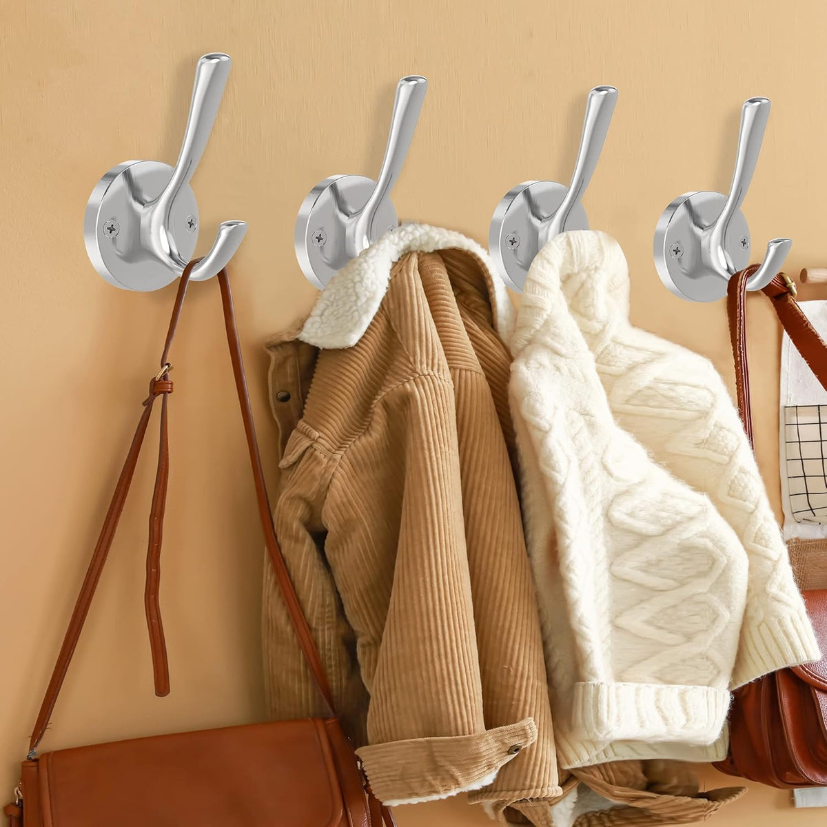 Brushed Nickel Wall Hooks, 4 Pack Heavy Duty Coat Towel Hook Metal Double Hook Wall Mounted