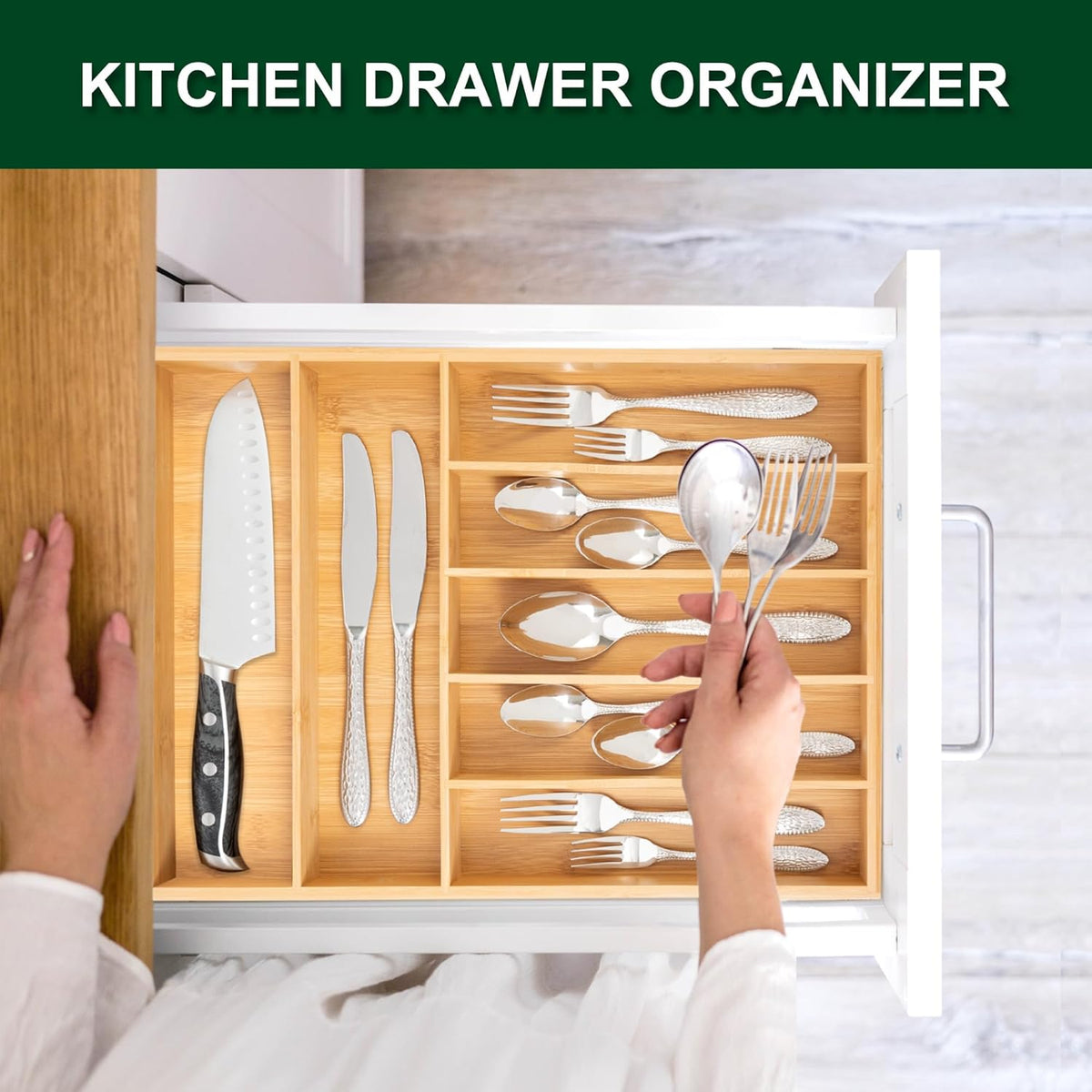 Bellsal Natural Utensil Organizer 12.5 Inch Silverware Organizer for Drawer Utensil Holder Cutlery