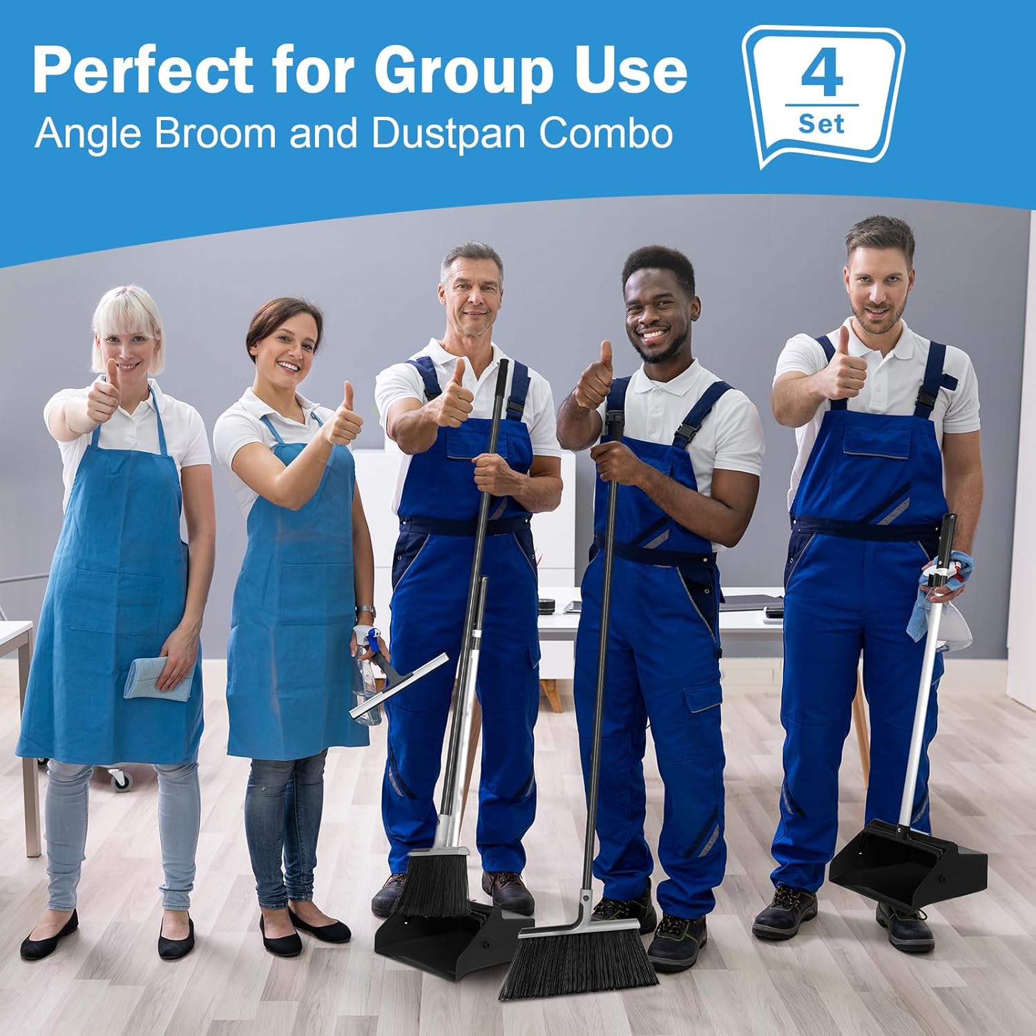 4 Set Broom and Dustpan Set 58 Inch Commercial Broom and Dustpan Combo Set Heavy Duty Lobby Dust
