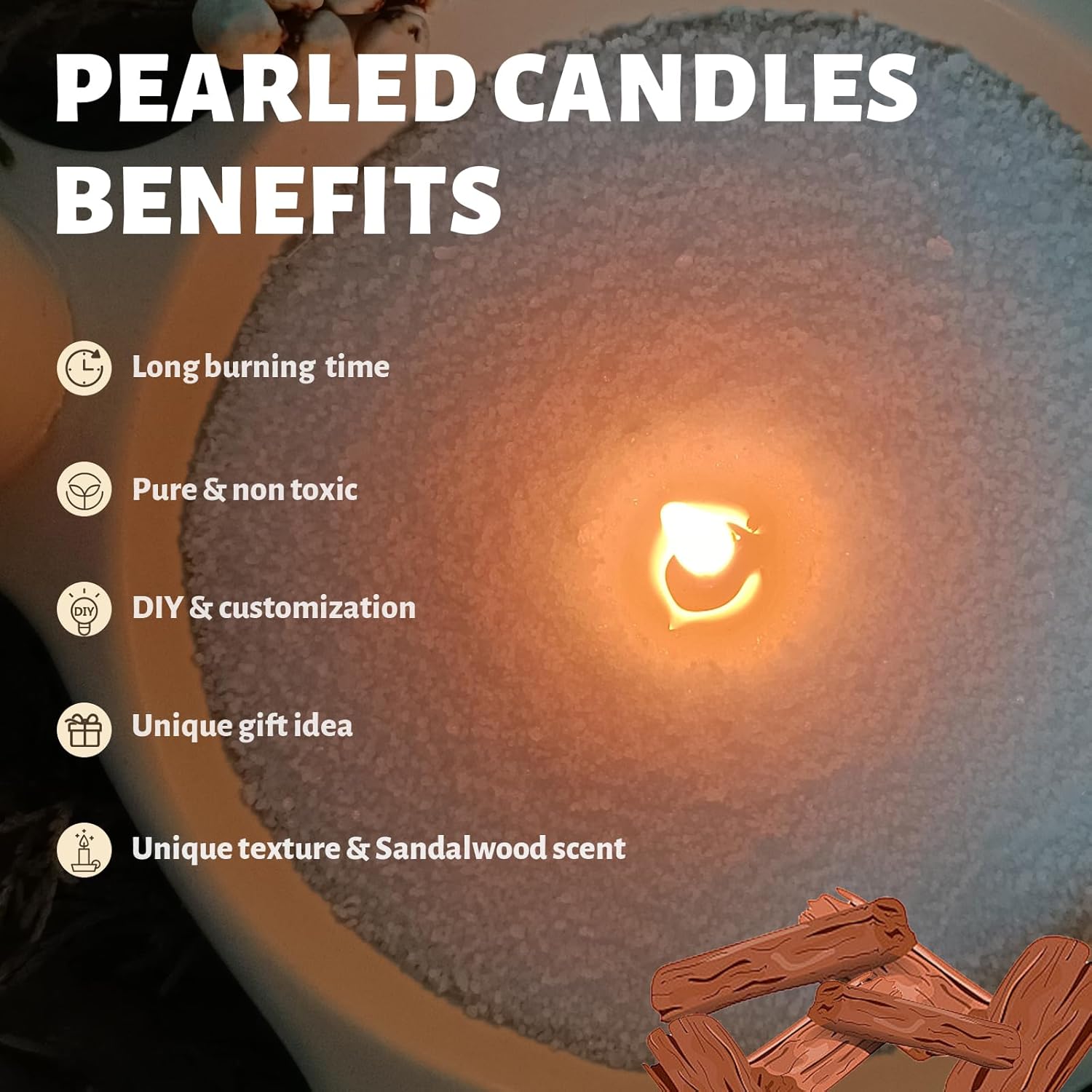 Sandalwood Scented White Pearled Candle 18oz Luxury Sand Candle Granulated Wax - 30 Cotton Wicks