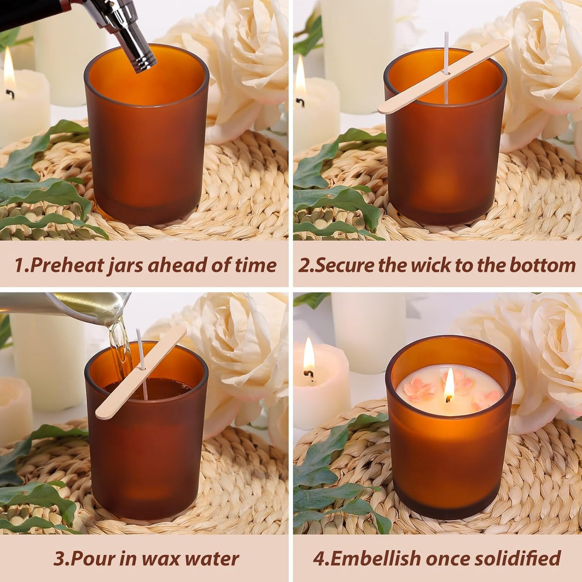 CONNOO 15-Pack 7oz Fall Amber Candle Jars with Bamboo Lids & Sticky Labels – Thick Glass Candle