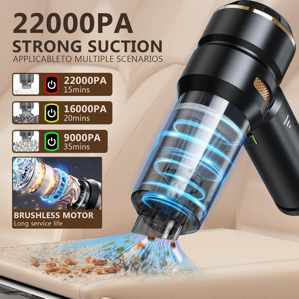 Handheld Vacuum Cordless 22000PA High Power Car Vacuum Cleaner with Brushless Motor 4-in-1 Portable