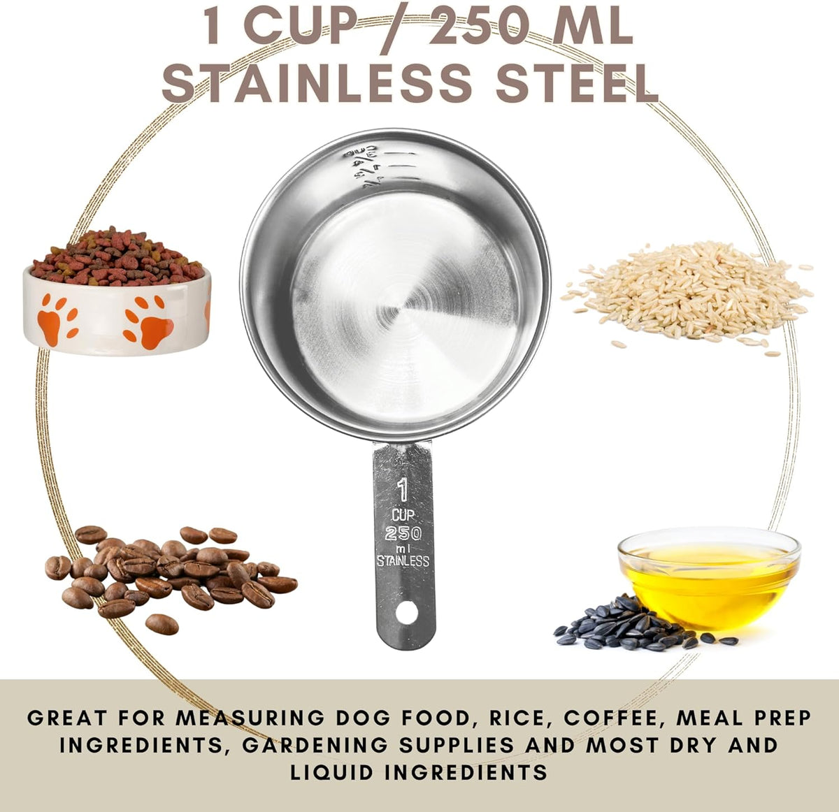 1 Cup Stainless Steel Measuring Cup | Sturdy Metal 250 ml | 240 cc | 8 oz | Single Cup for Wet and