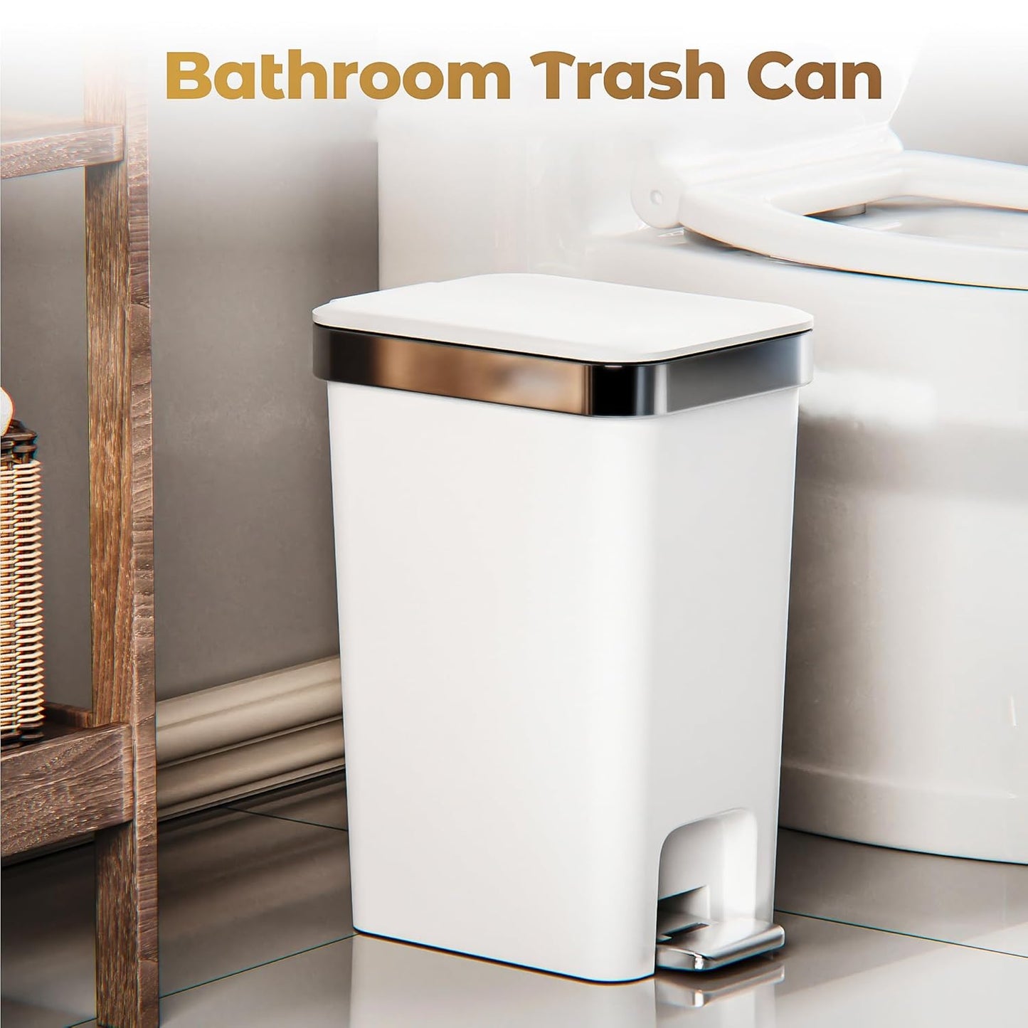 Small Bathroom Trash Can with Lid Soft Close, 10 Liter/2.6 Gallon Slim Garbage Can-Metal Step and