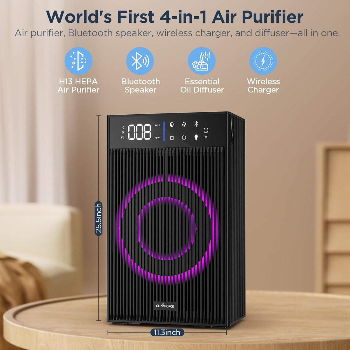 CleanForce Cube | 4-in-1 Desk Organizer with Air Purifier, Wireless Charger, Bluetooth Speaker &