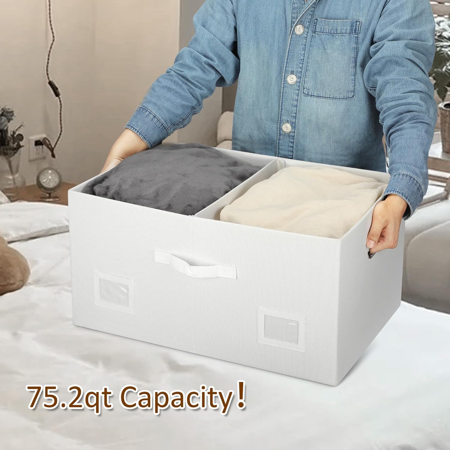 75 Quarts Extra Large Decorative Storage Bins with Lids, 3 Packs White Collapsible Storage Bins