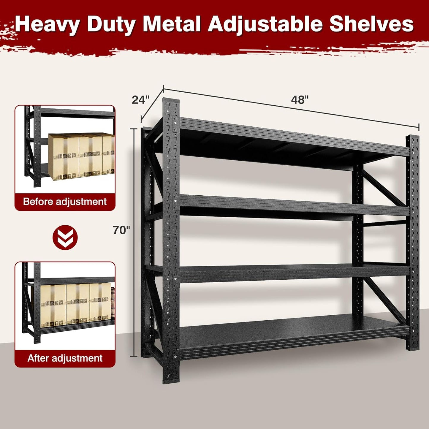 5000LBS Metal Steel Storage Shelves - 71.3" W Black 4 Tier Heavy Duty Rack Commercial Industrial