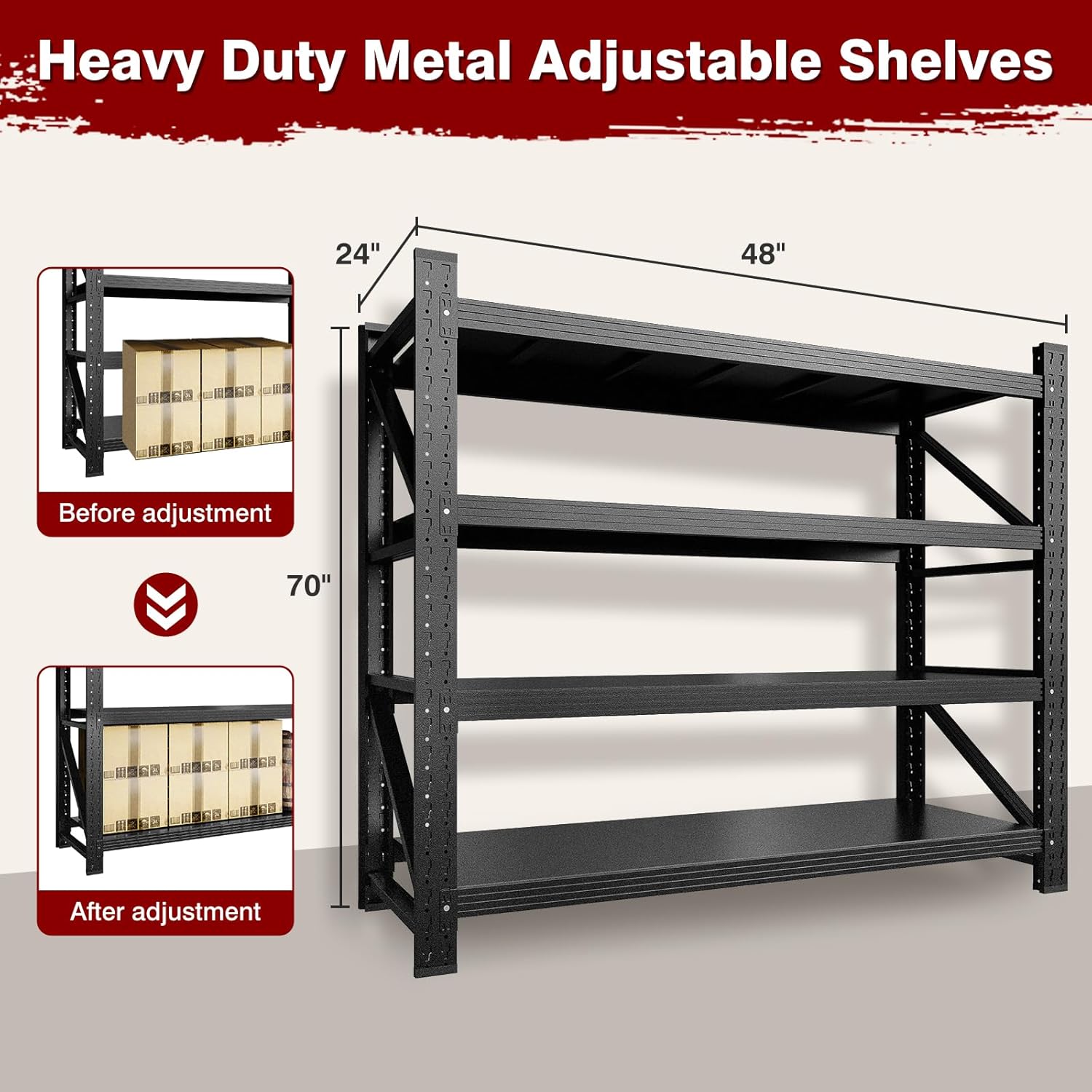 5000LBS Metal Steel Storage Shelves - 71.3" W Black 4 Tier Heavy Duty Rack Commercial Industrial