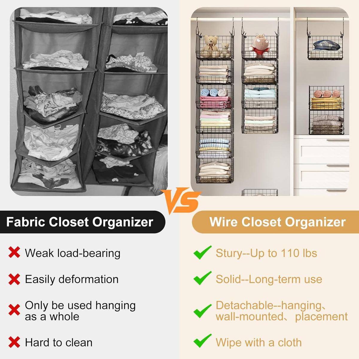 6 Tier Closet Hanging Organizer, Clothes Hanging Shelves with 4 Hanging Hooks 5 S Hooks, Wire