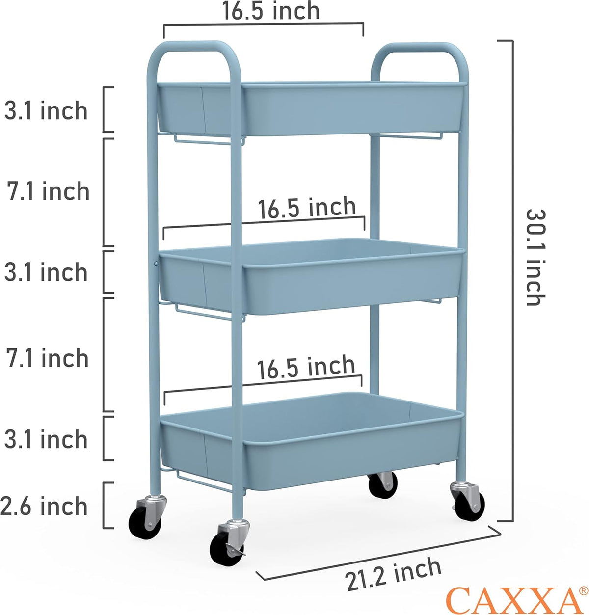 CAXXA 3-Tier Rolling Metal Storage Organizer - Mobile Utility Cart with Caster Wheels, Blue