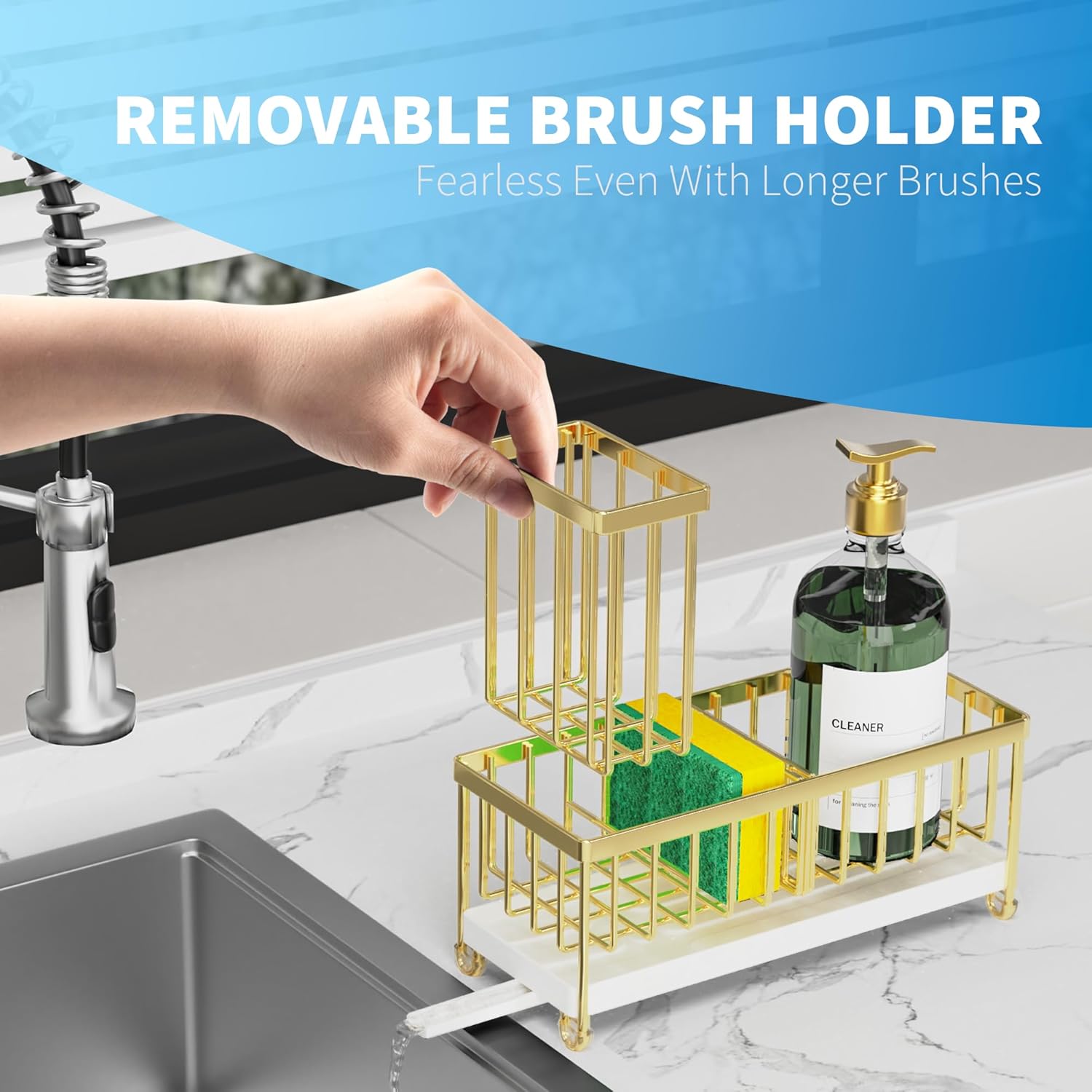 Cisily Gold Sponge Holder for Kitchen Sink, Sink Caddy Organizer with High Brush Holder, Kitchen