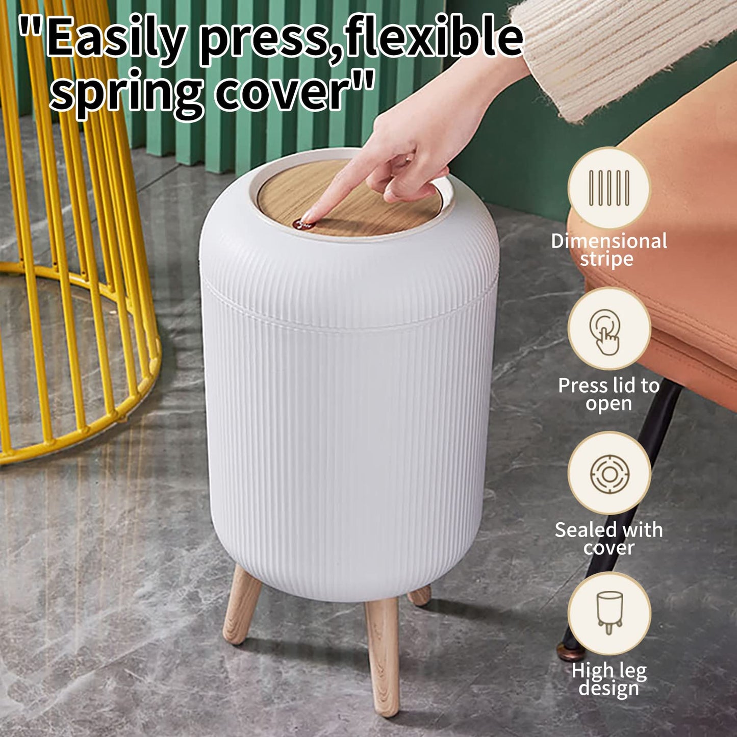 Trash Can With Lid for Bathroom, 2 Gallon/10 Liter Round Garbage Bin With Press Top, Plastic Modern