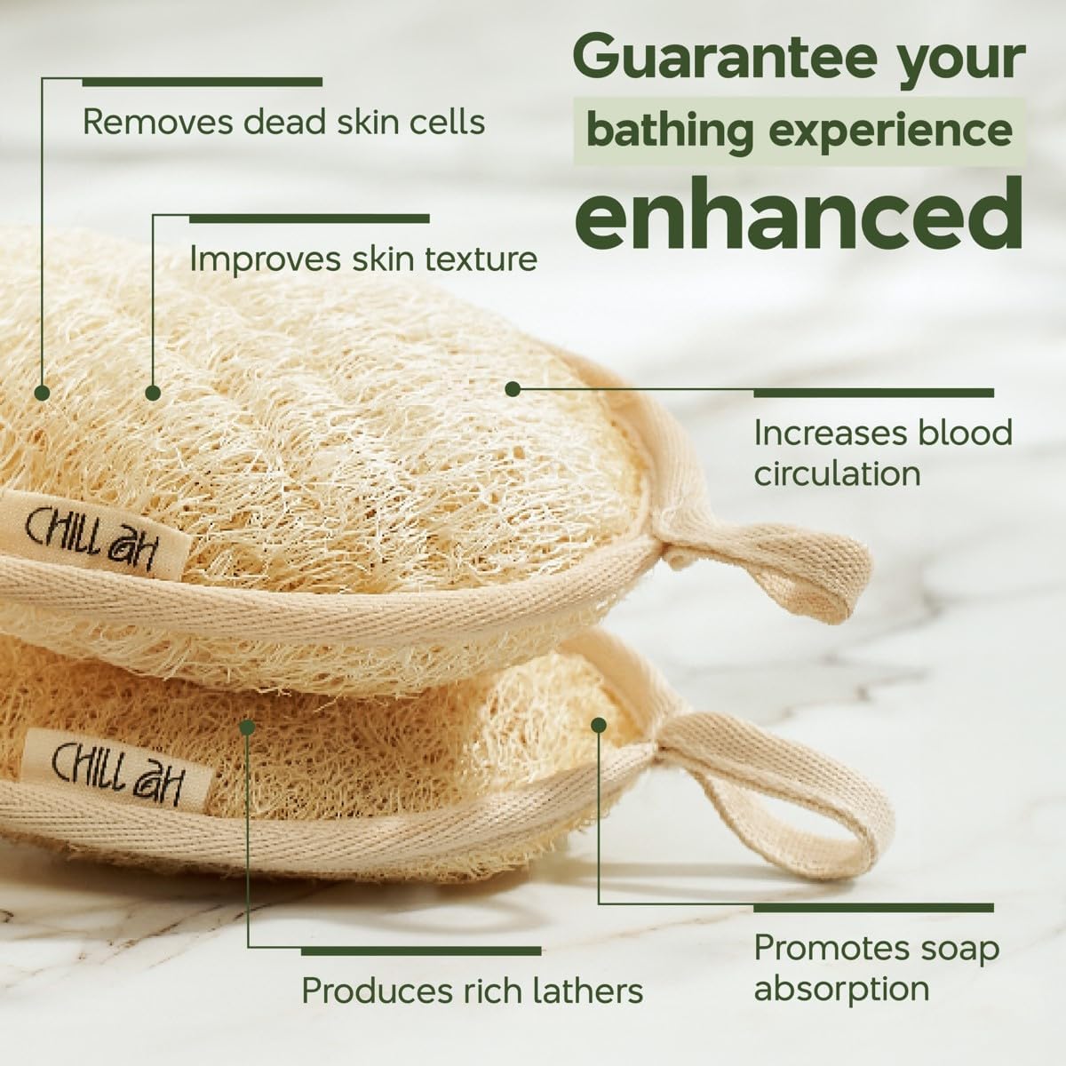 Chill Ah Green Glow All Natural Exfoliator Dual Sided Loofah Bath Sponge Set – 100% Plant-Based