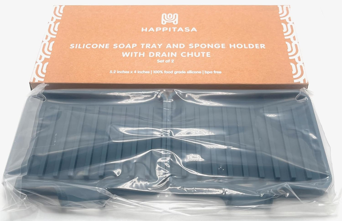 Happitasa Silicone Soap Dish Tray and Sponge Holder with Drain Chute, Pack of 2 | Bathroom and