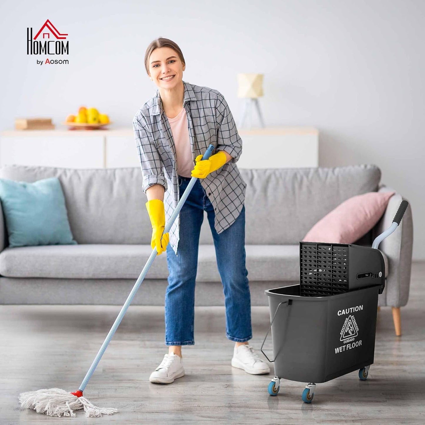 HOMCOM Compact Mop Bucket with Wringer on Wheels for Floor Cleaning, 21 Quart, Separate Dirty and