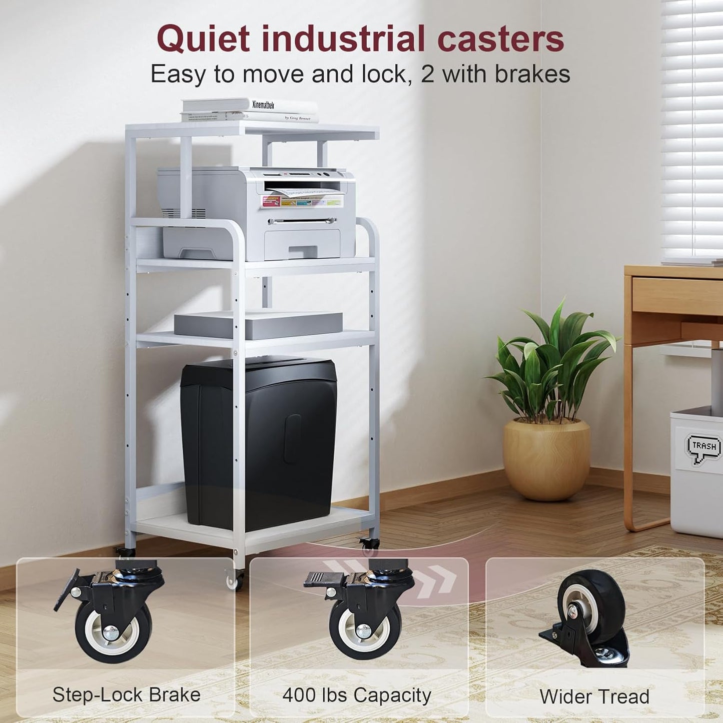 4 Tier White Printer Stand with Storage Shelf, Large Tall Printer Table for Home Office, Rolling