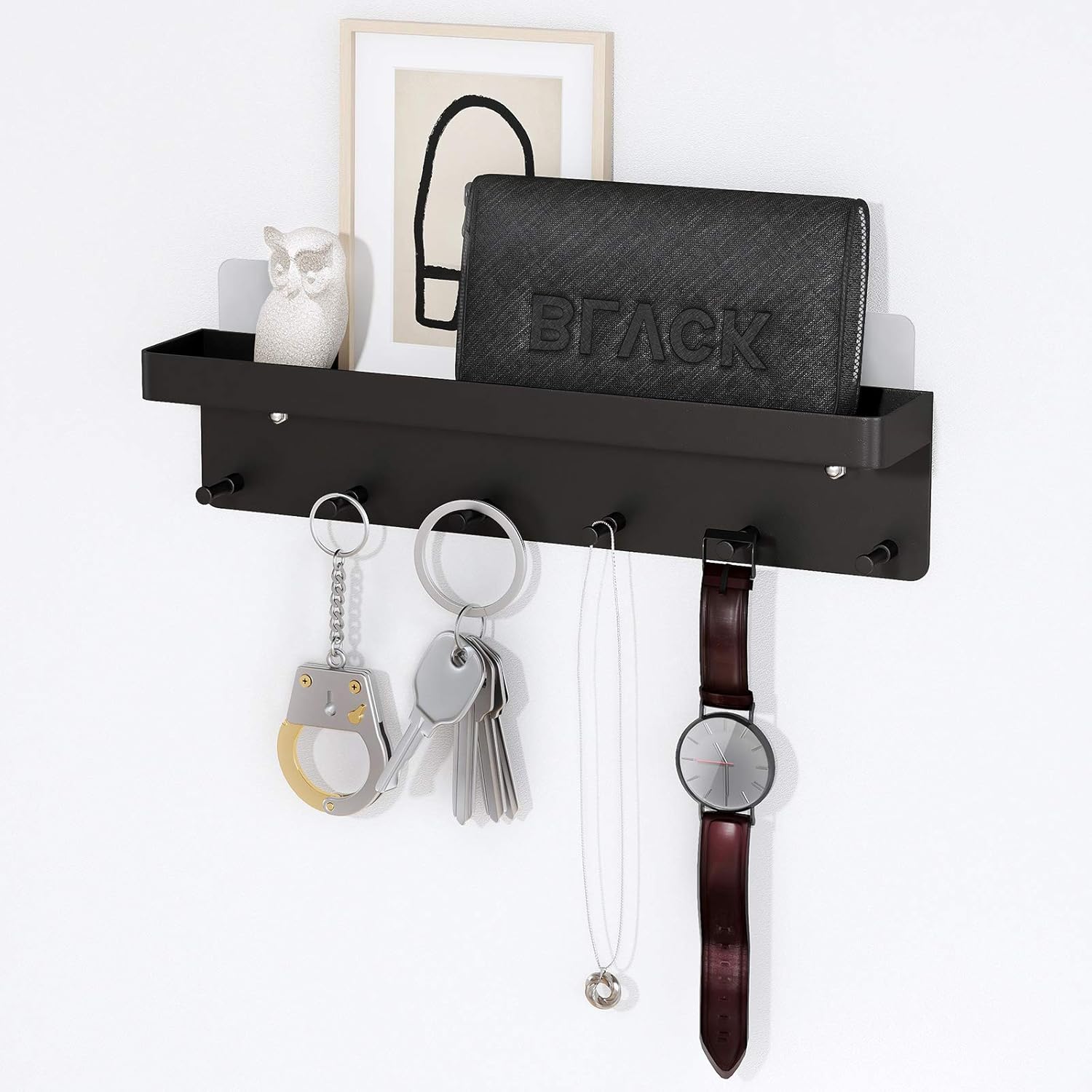 MKO Key Holder Wall Mount, Key Holder Wall Mount Adhesive with Mail Organizer Tray with 6 Key Hooks