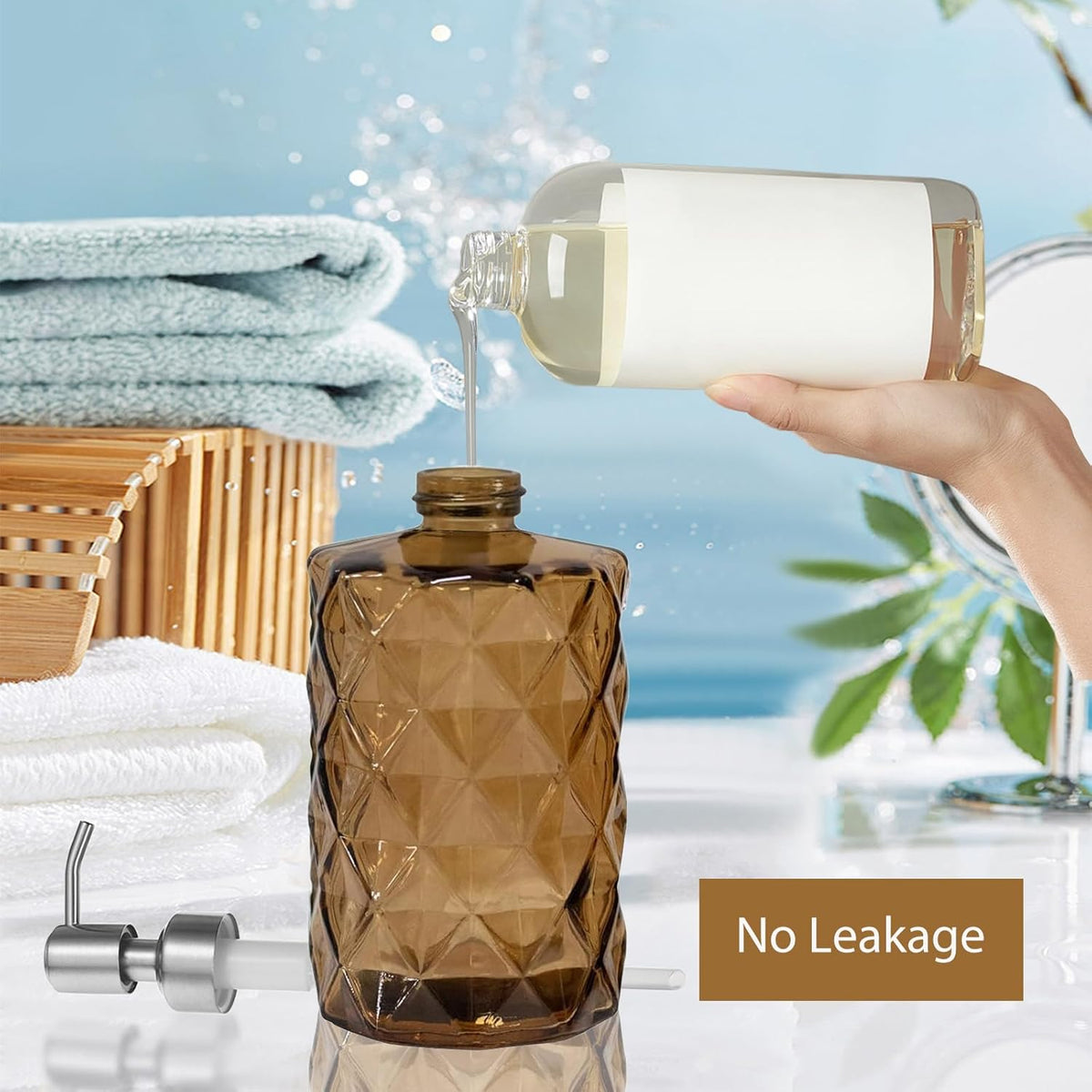 12Oz Brown Glass Soap Dispenser with Stainless Steel Pump, Refillable Kitchen Liquid Hand Soap