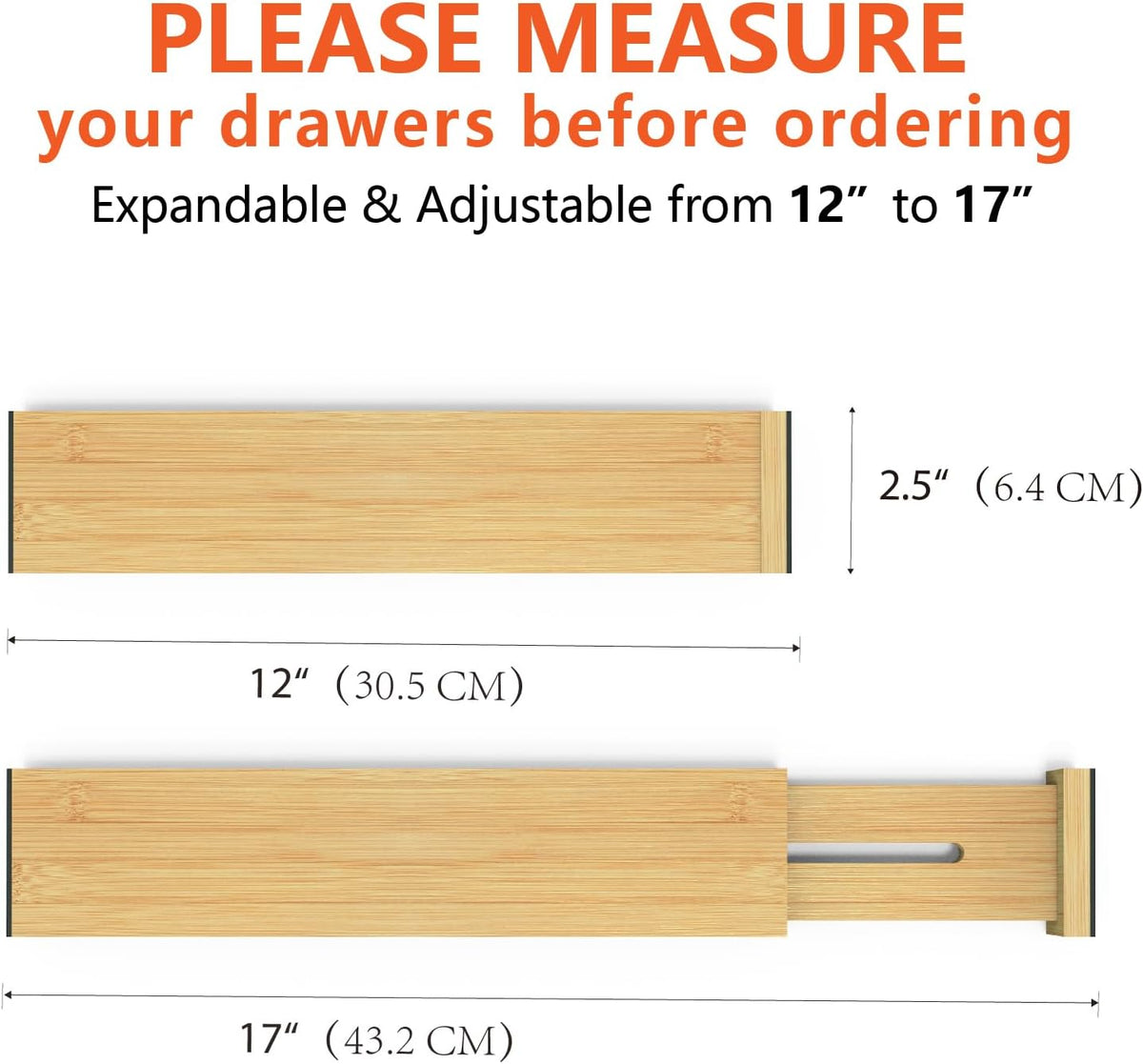 4 Pack Bamboo Drawer Dividers, Adjustable Length from 12 Inch to 17 Inch, Expandable Kitchen Drawer