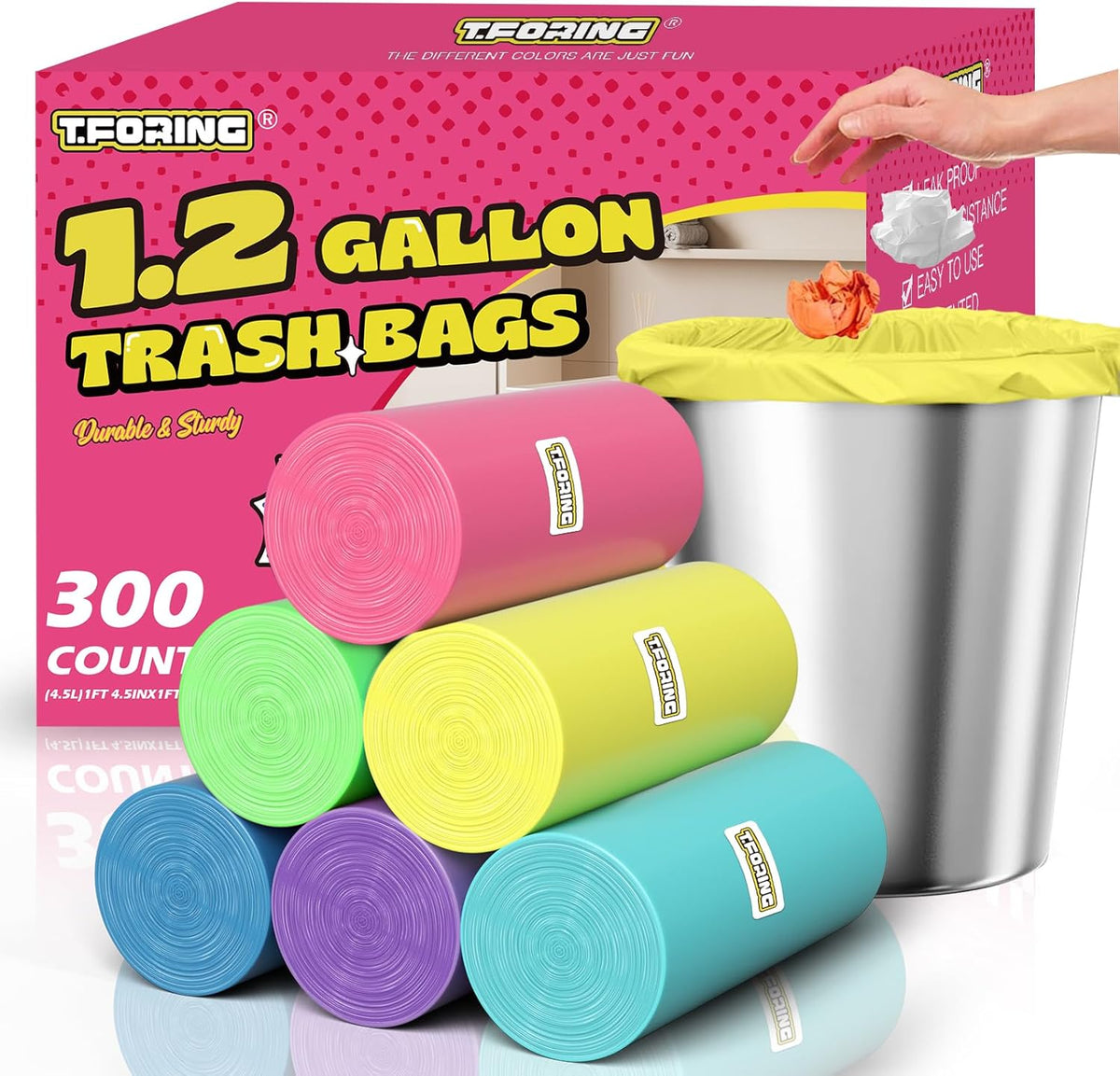 300 Count 1.2 Gallon Trash Bags - 4.5 Liter Colored Small Garbage Bags Unscented Mini Can Liners
