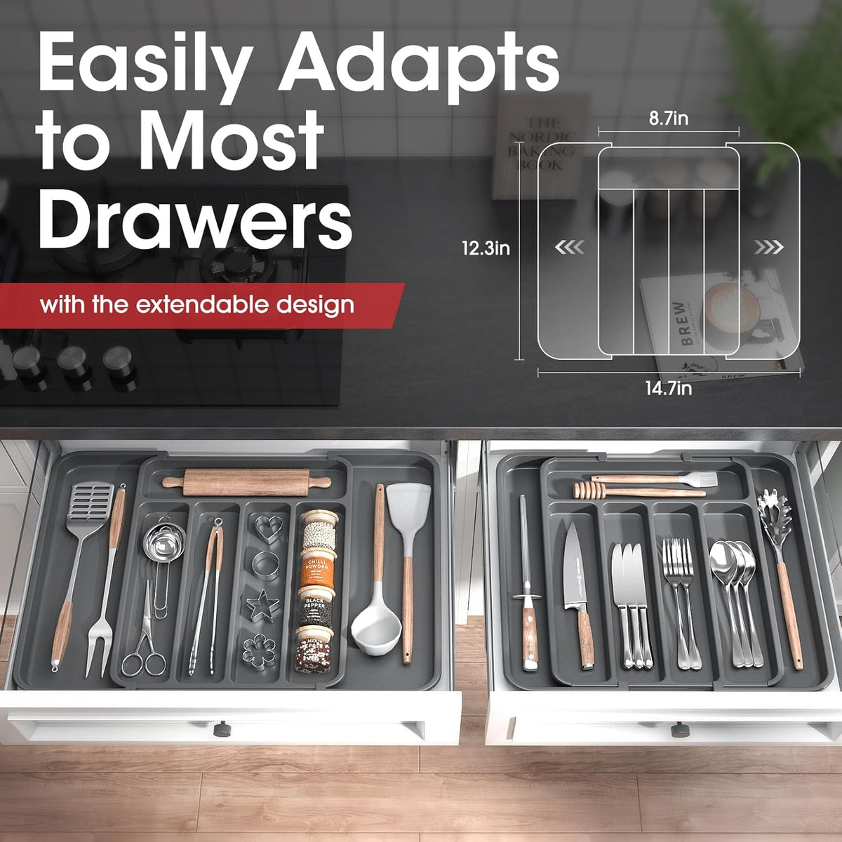 Aujen Silverware Organizer - Expandable Kitchen Drawer Organizer, Adjustable Utensil Organizer